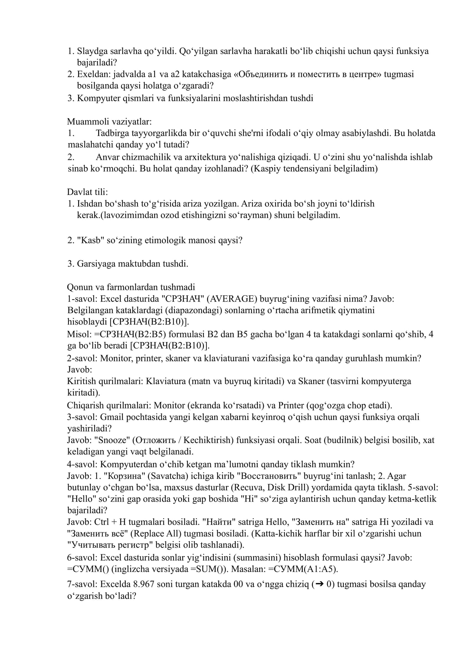 Maktab maslaxatchisi 2026.18-19-may tushgan savollar