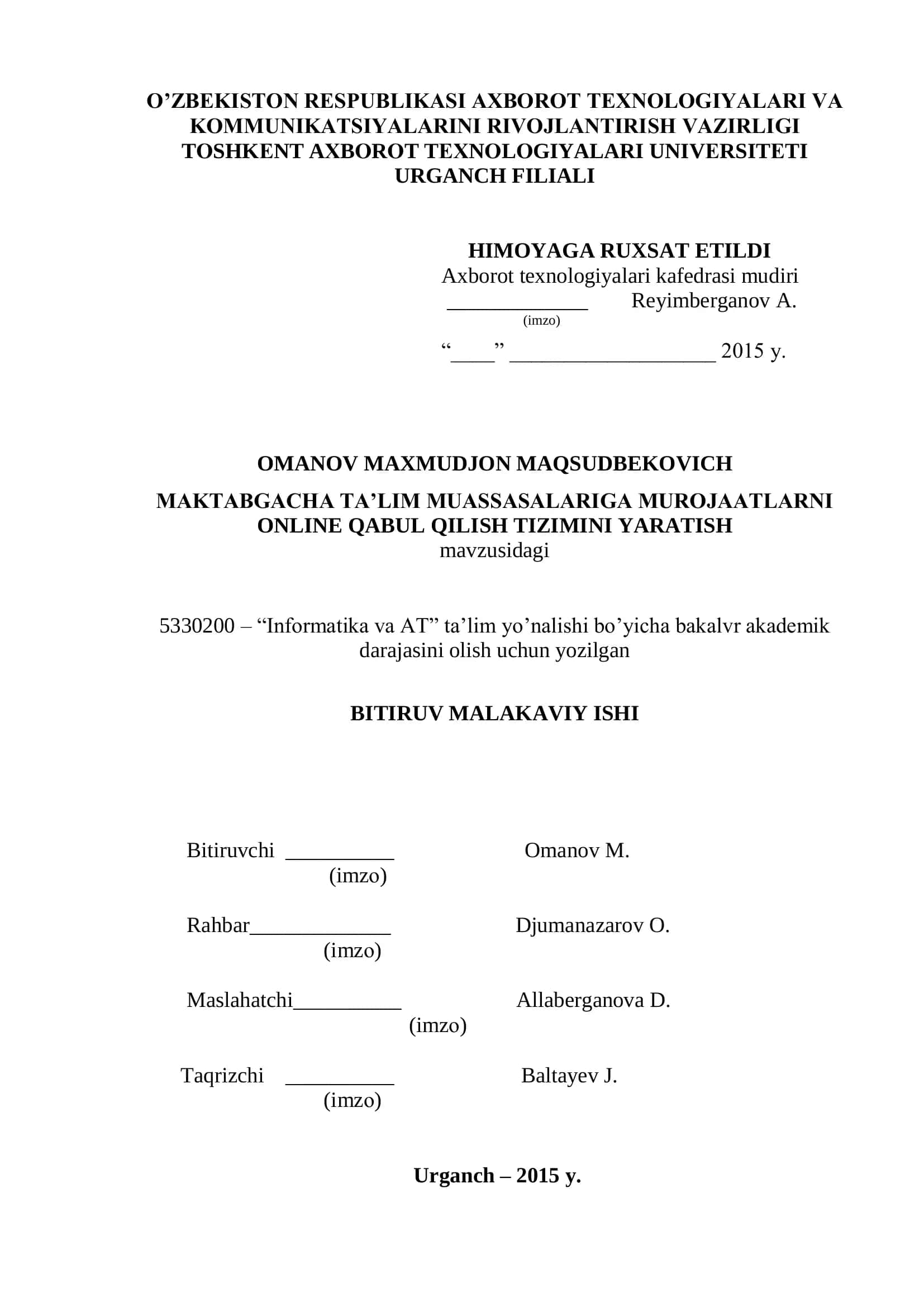 MAKTABGACHA TA’LIM MUASSASALARIGA MUROJAATLARNI ONLINE QABUL QILISH TIZIMINI YARATISH