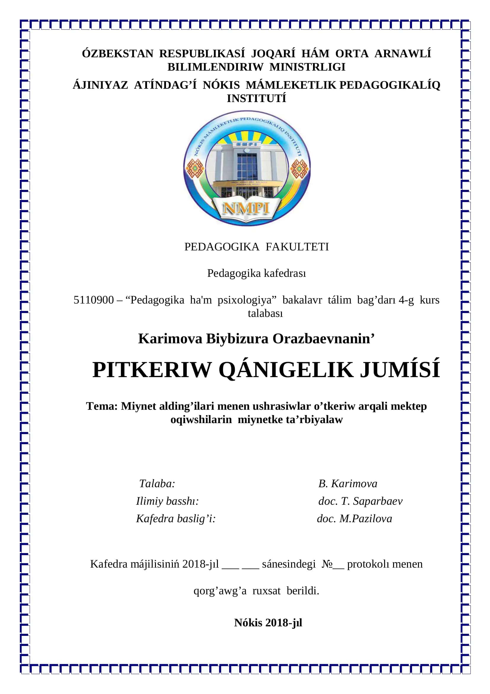 Pitkeriw qánigelik jumísi