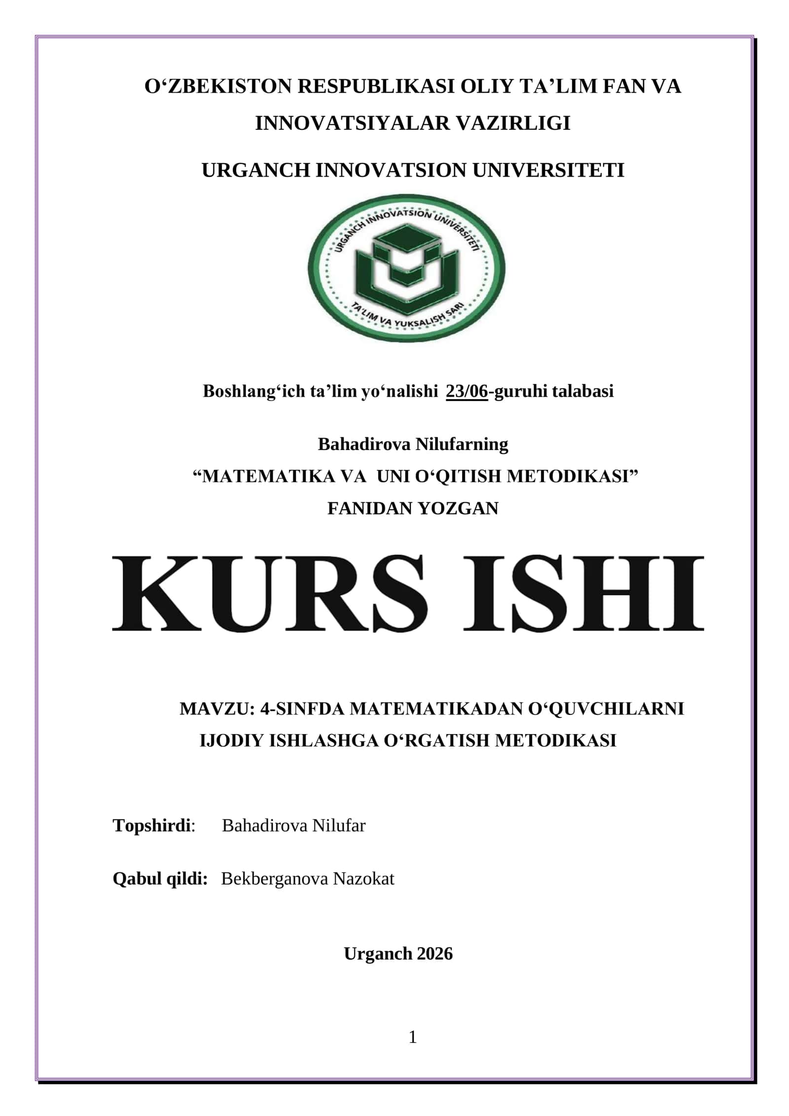4-SINFDA MATEMATIKADAN OʻQUVCHILARNI IJODIY ISHLASHGA OʻRGATISH METODIKASI