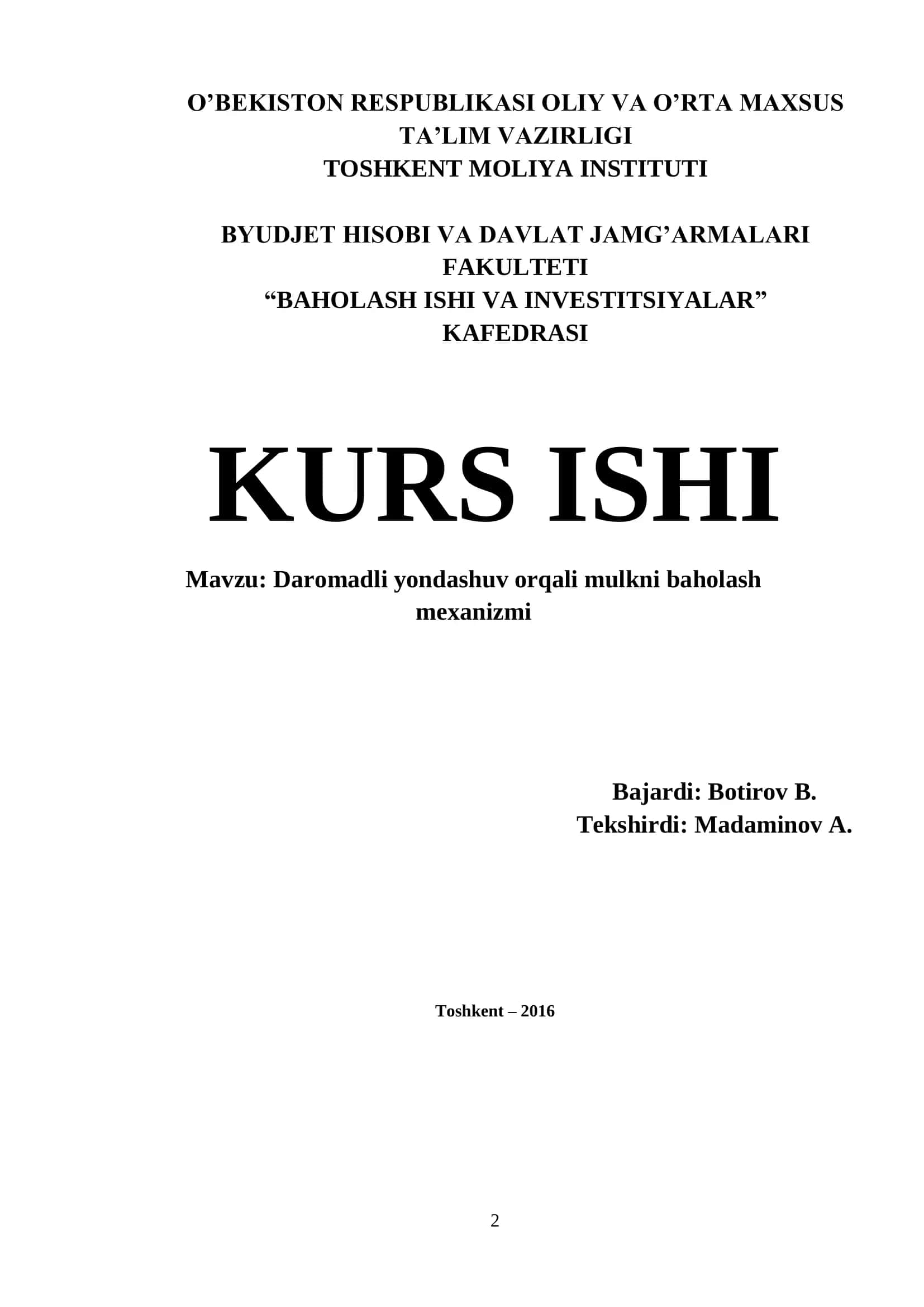 Daromadli yondashuv orqali mulkni baholash mexanizmi