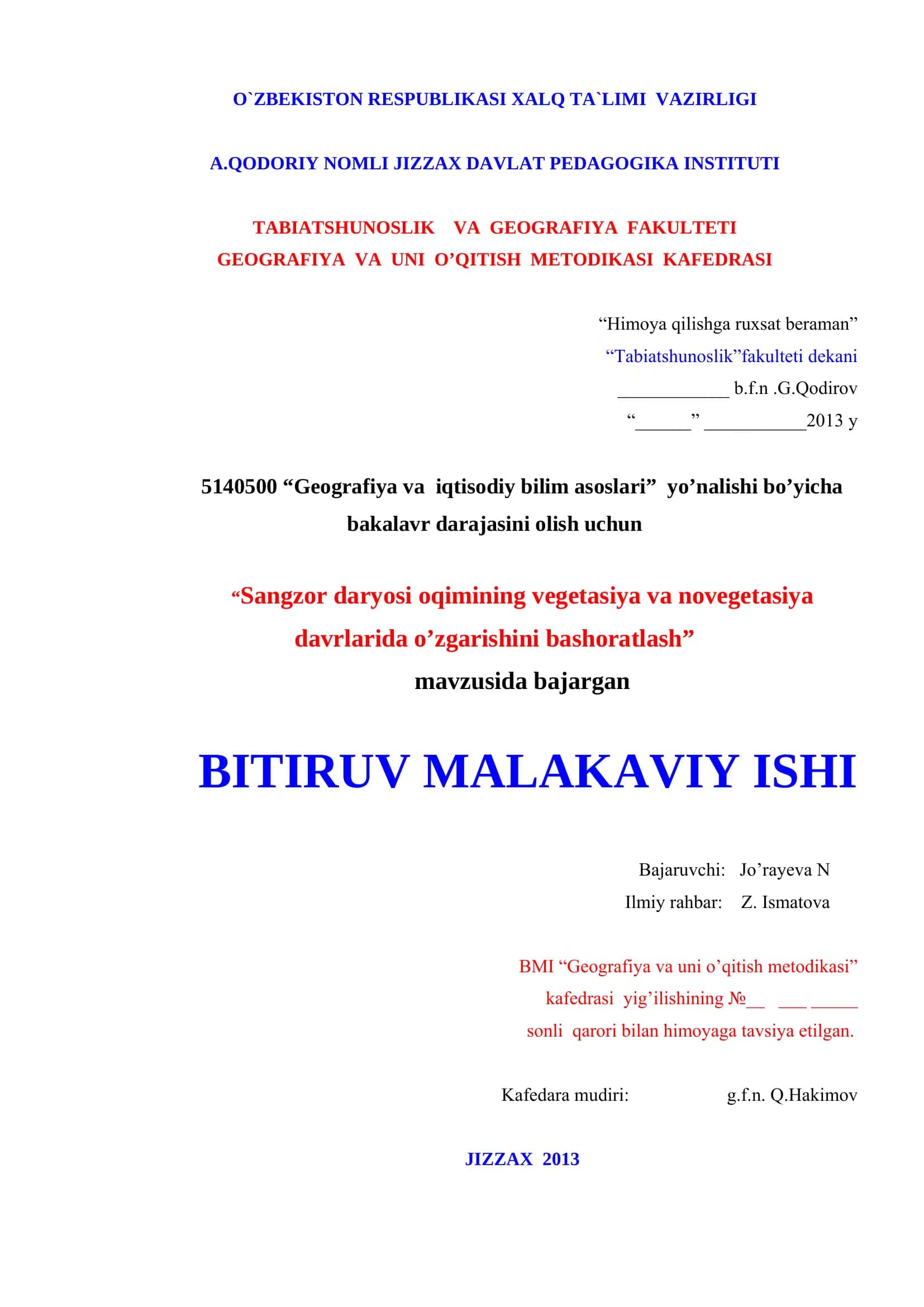 Sangzor daryosi oqimining vegetasiya va novegetasiya davrlarida o’zgarishini bashoratlash