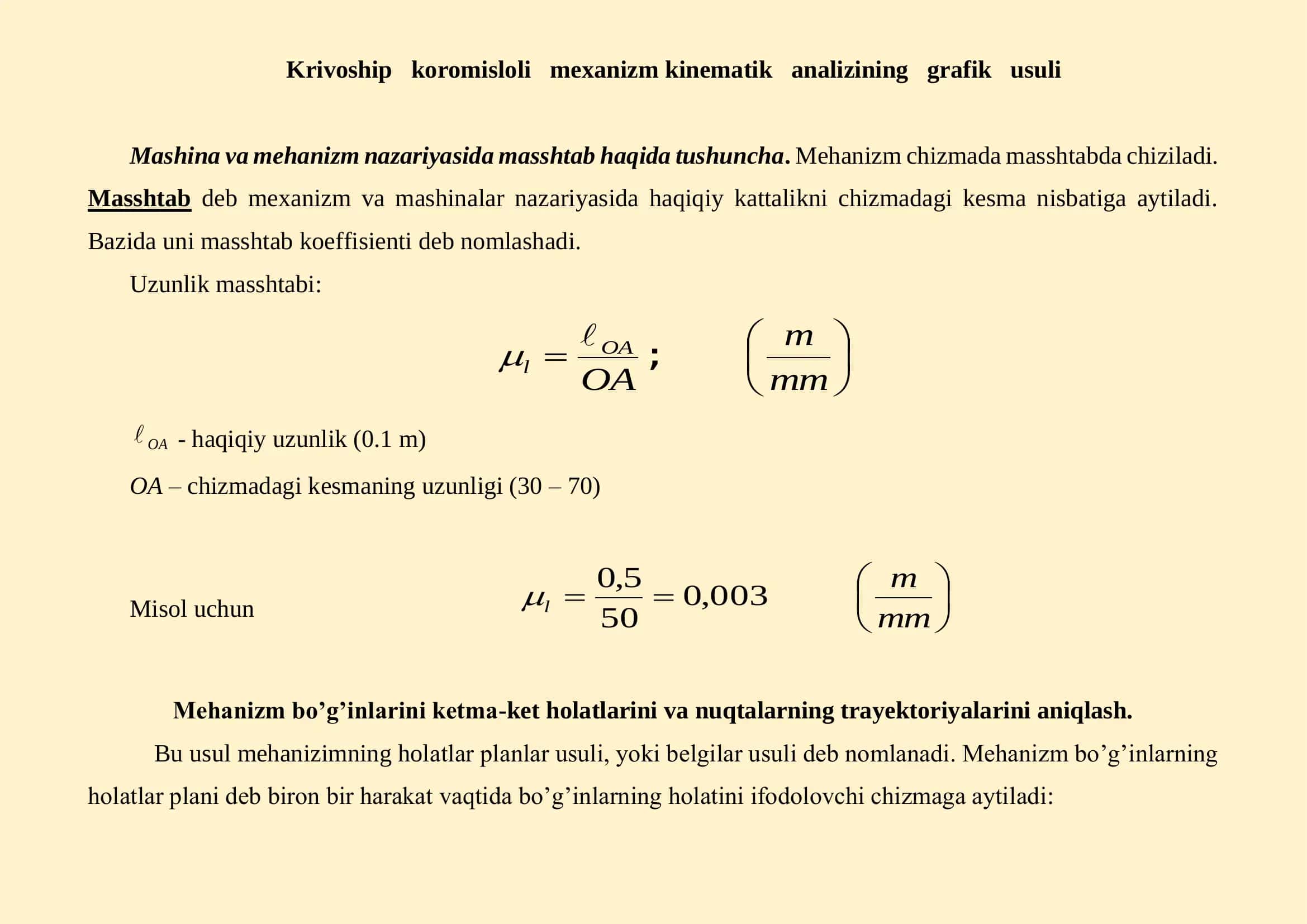 Krivoship koromisloli mexanizm kinematik analizining grafik usuli