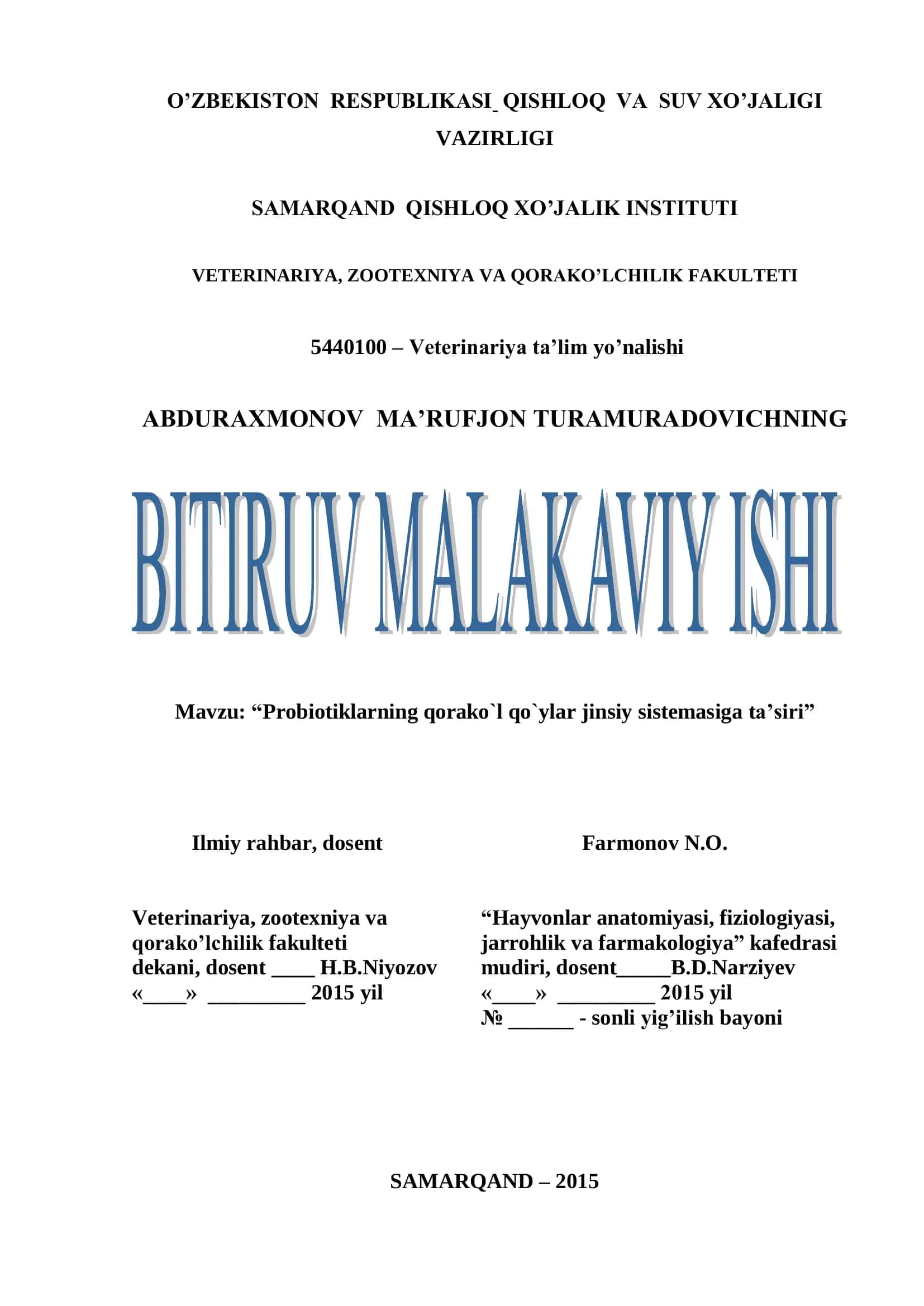 Probiloklar qorako`l qo`ylar jinsiy sistemasiga ta`siri