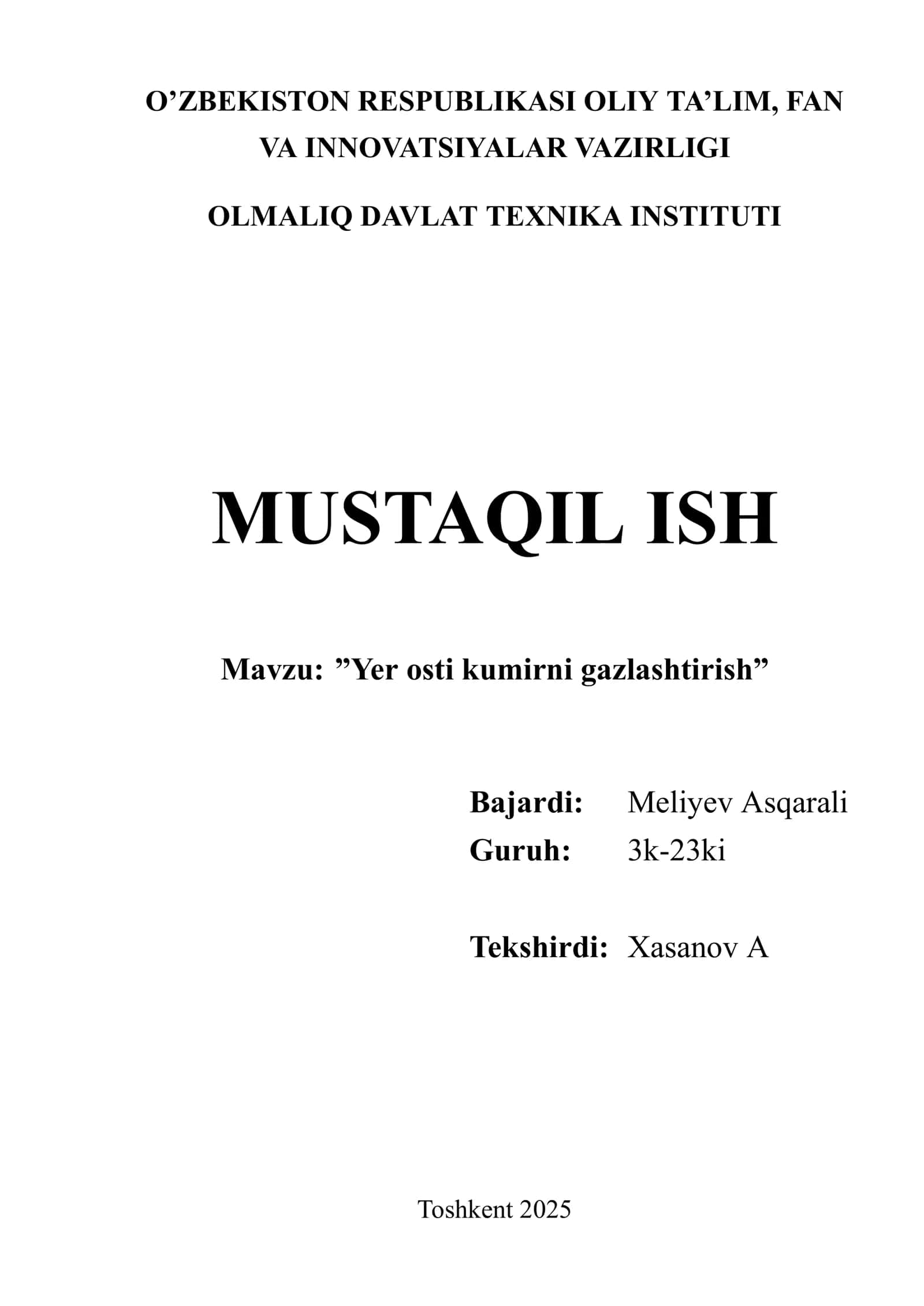 Yer osti kumirni gazlashtirish