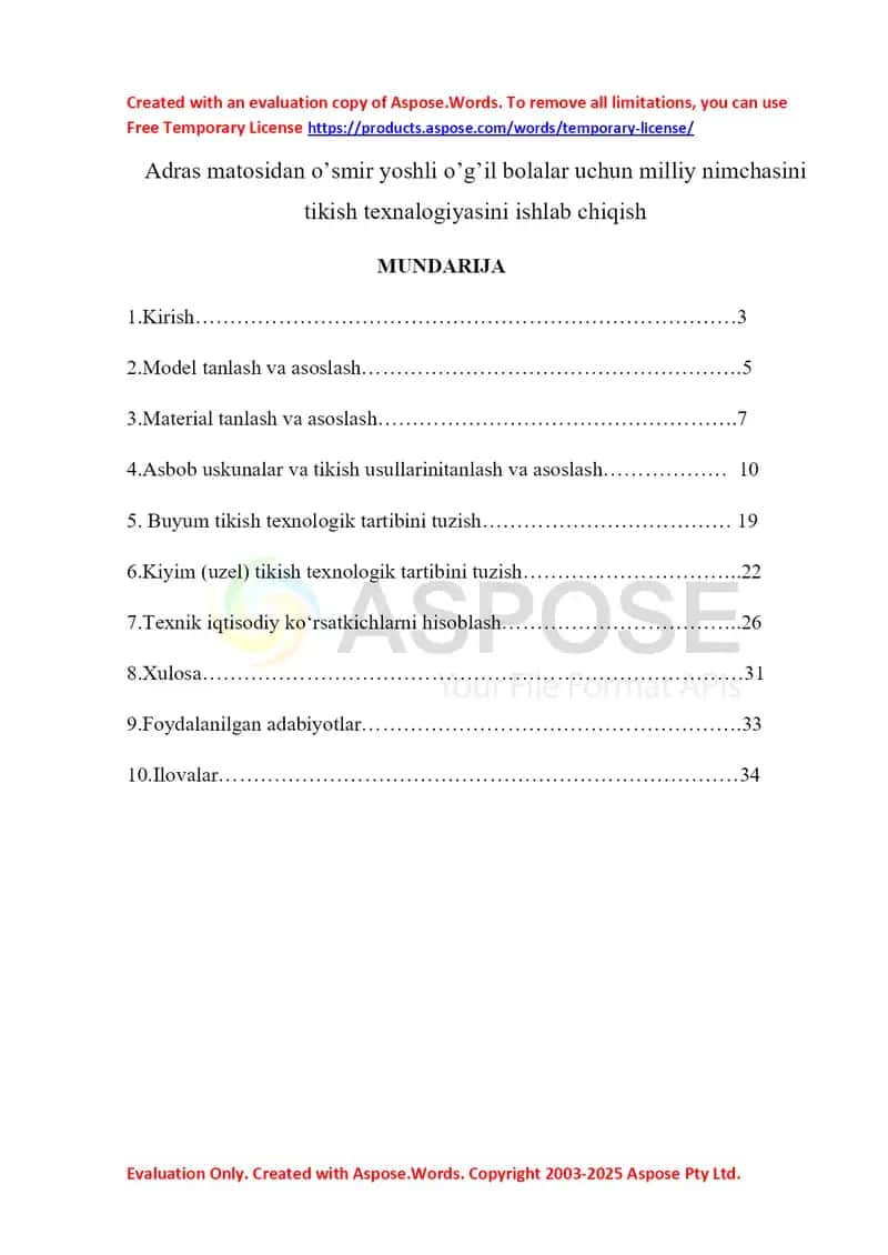 Adras matosidan o’smir yoshli o’g’il bolalar uchun milliy nimchasini tikish texnalogiyasini ishlab chiqish