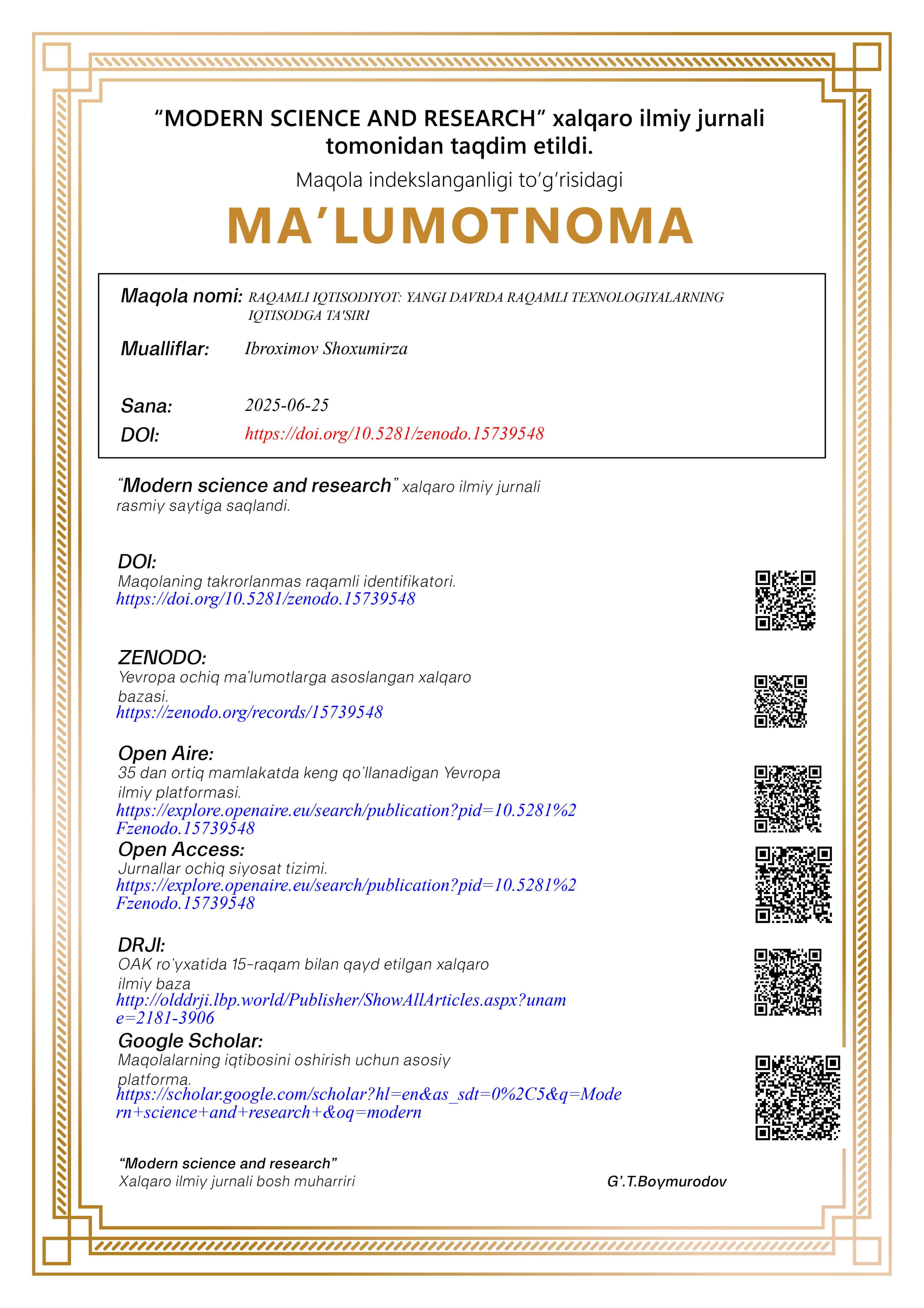 "MODERN SCIENCE AND RESEARCH" xalqaro ilmiy jurnali