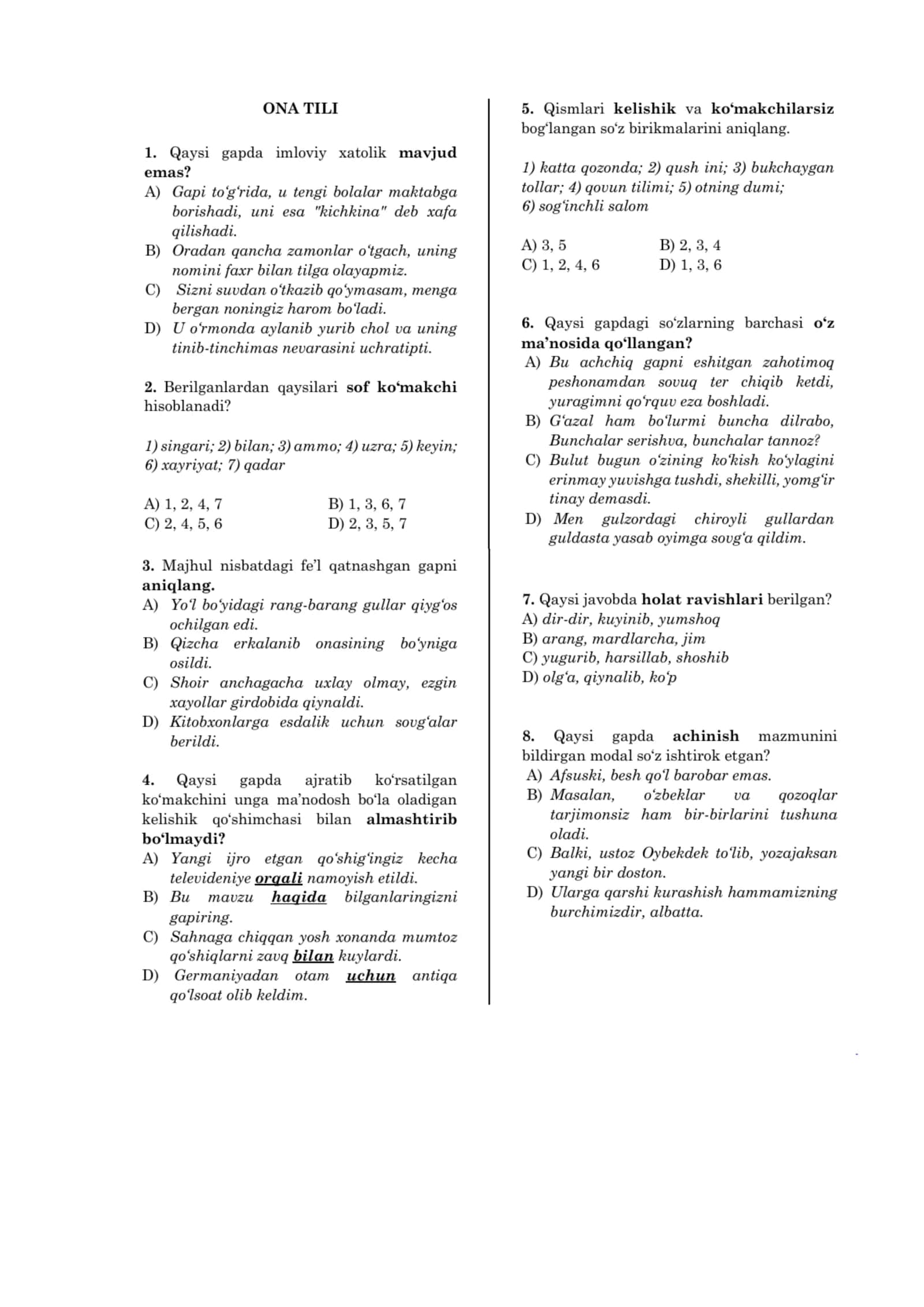 Ona Tili Fanidan 30 Talik Testlar To‘plami