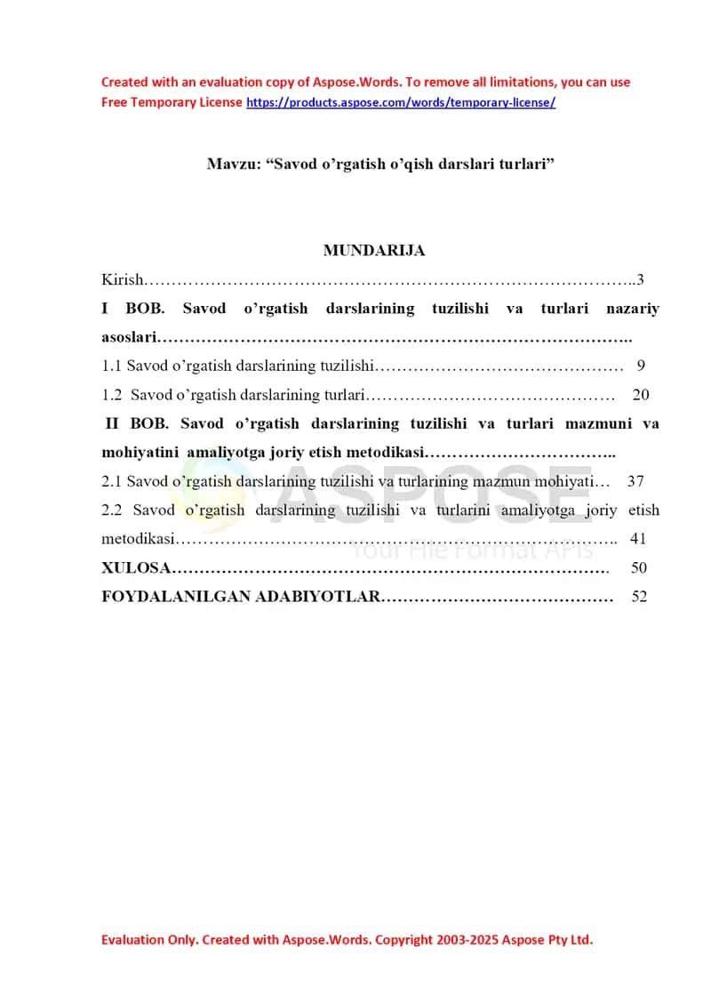 Savod o’rgatish o’qish darslari turlari