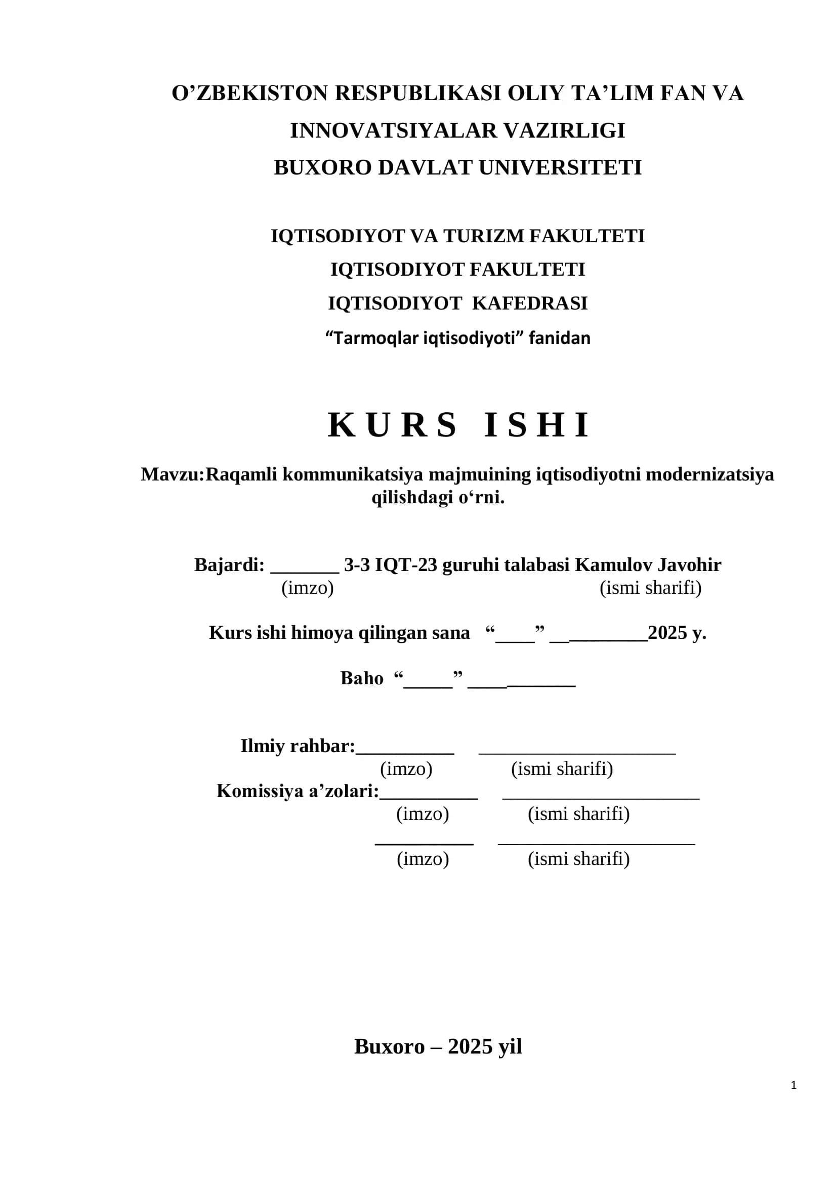 Tarmoqlar iqtisodiyoti fanidan Kurs ishi