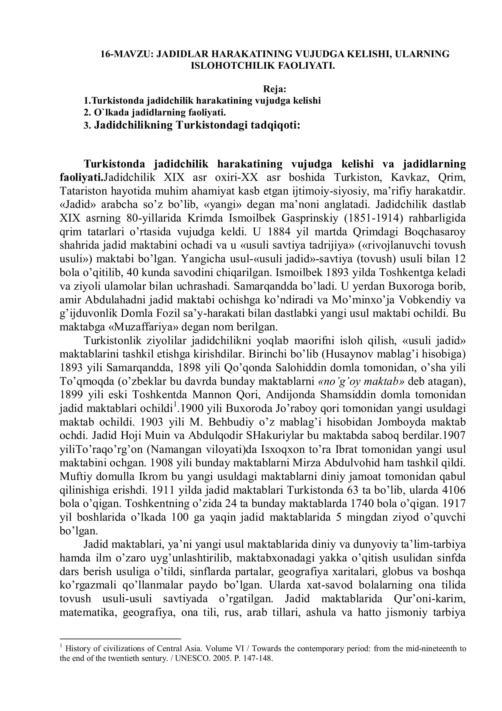 JADIDLAR HARAKATINING VUJUDGA KELISHI, ULARNING ISLOHOTCHILIK FAOLIYATI.