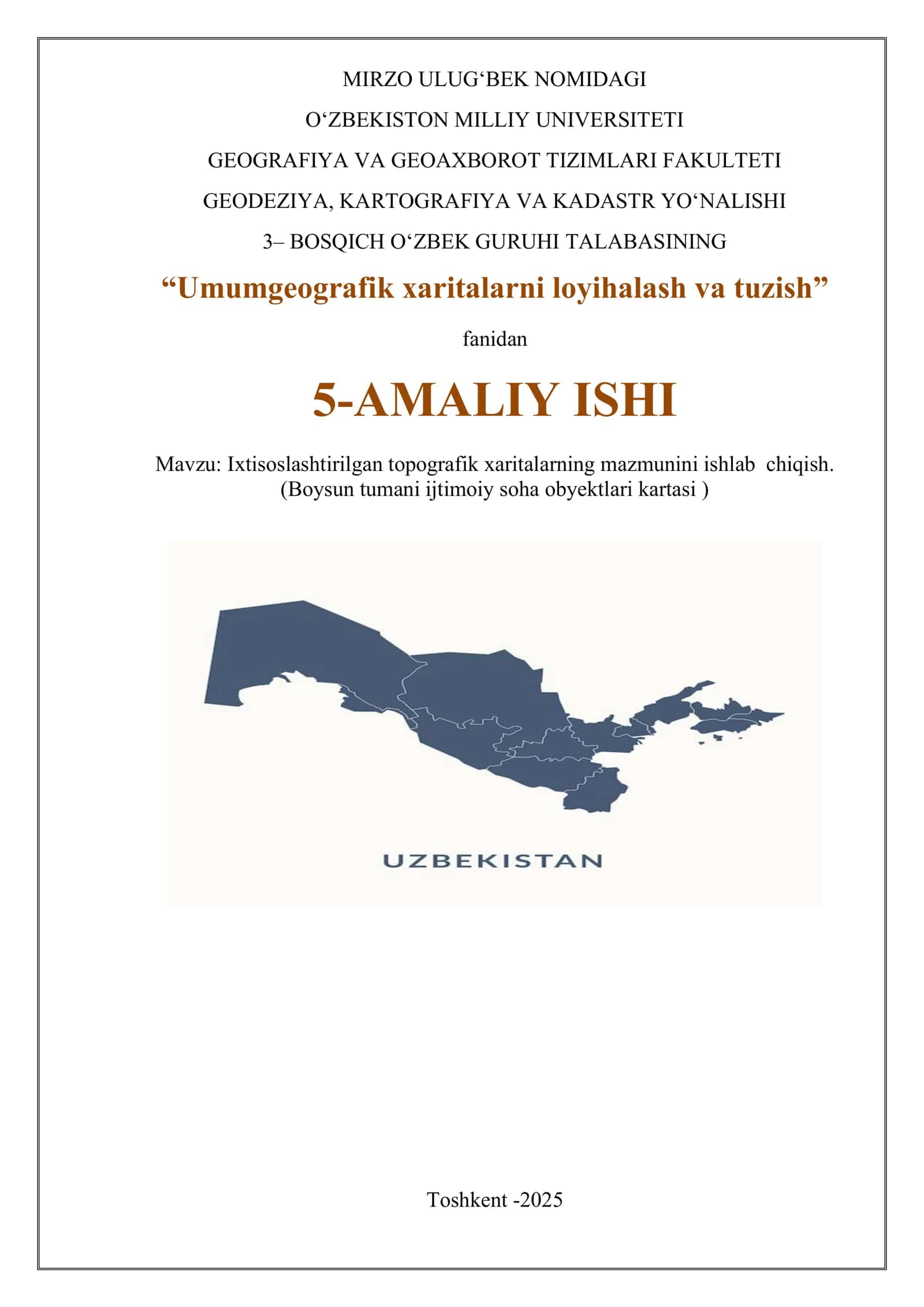 Ixtisoslashtirilgan topografik xaritalarning mazmunini ishlab chiqish. (Boysun tumani ijtimoiy soha obyektlari kartasi )