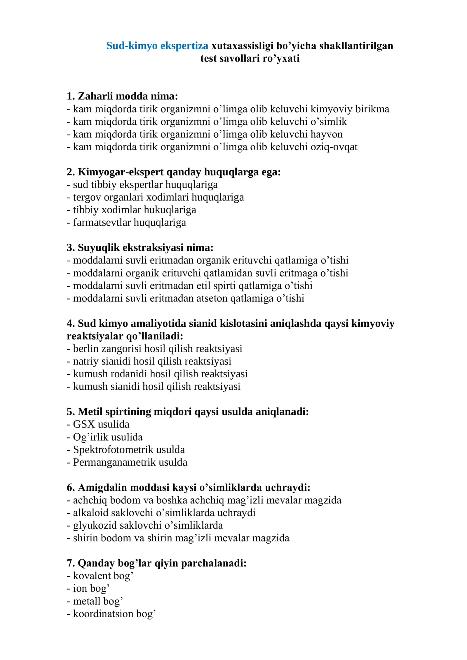 Sud-kimyo ekspertiza test savollari 2026