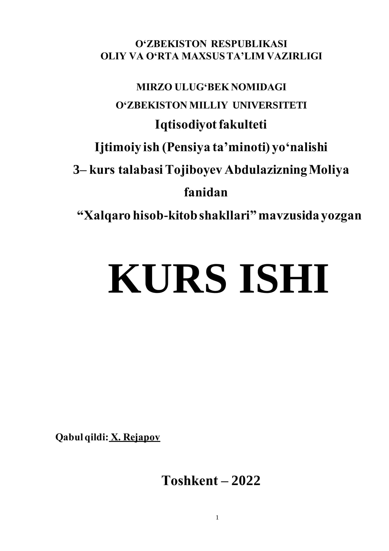 HALQARO HISOB-KITOBLAR VA ULARINING ASOSIY SHAKLLARI