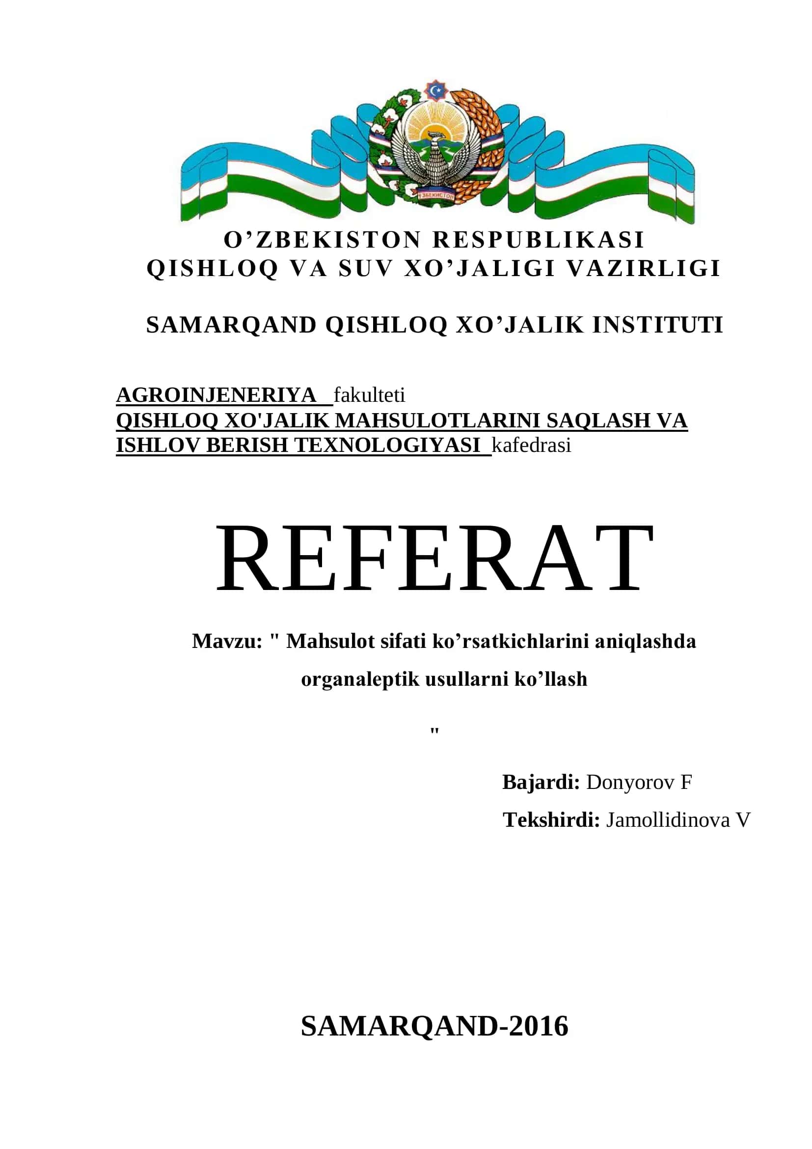 "Mahsulot sifati ko’rsatkichlarini aniqlashda organaleptik usullarni ko’llash" Referat