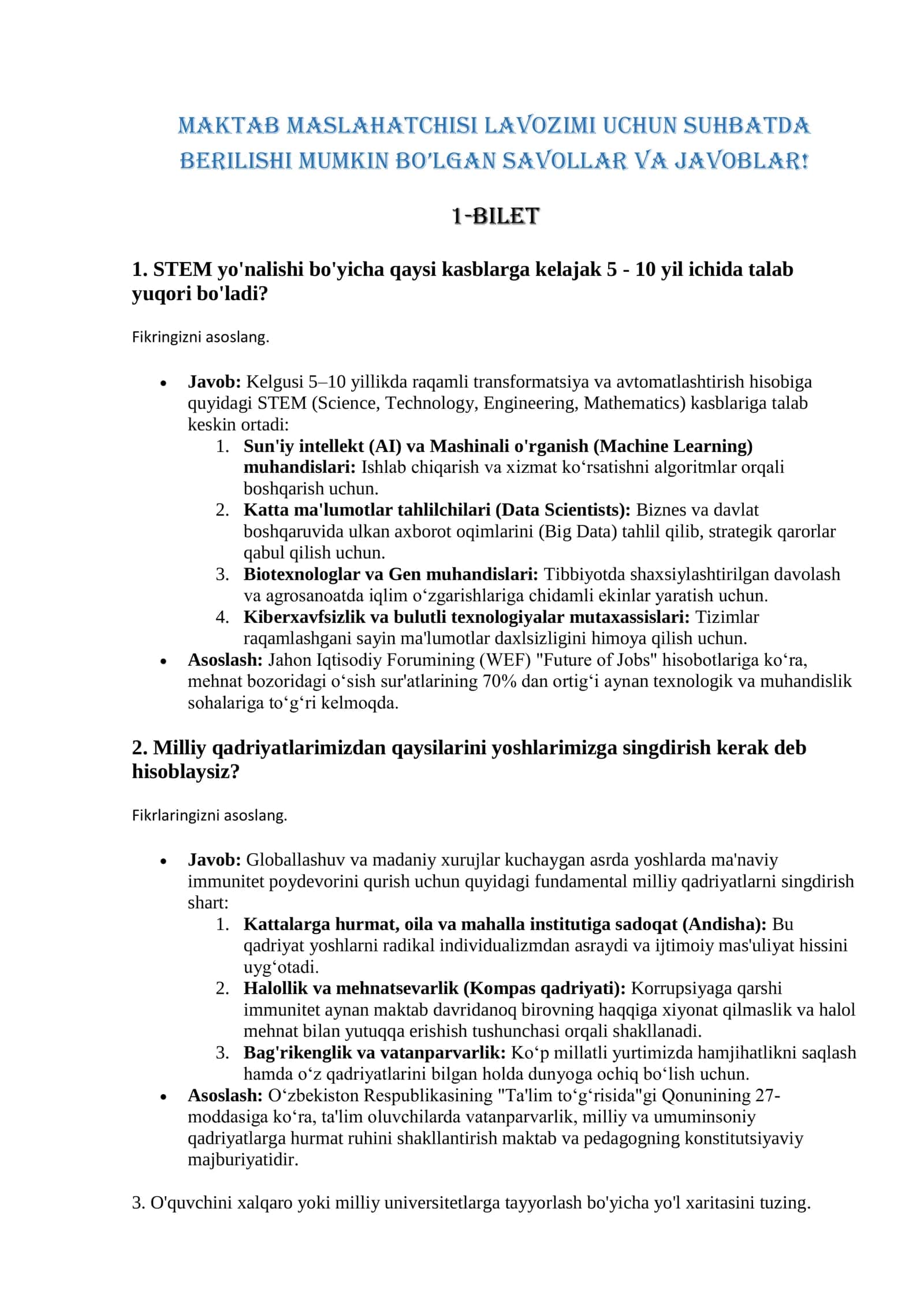 Maktab maslahatchisi lavozimi uchun suhbat savollari