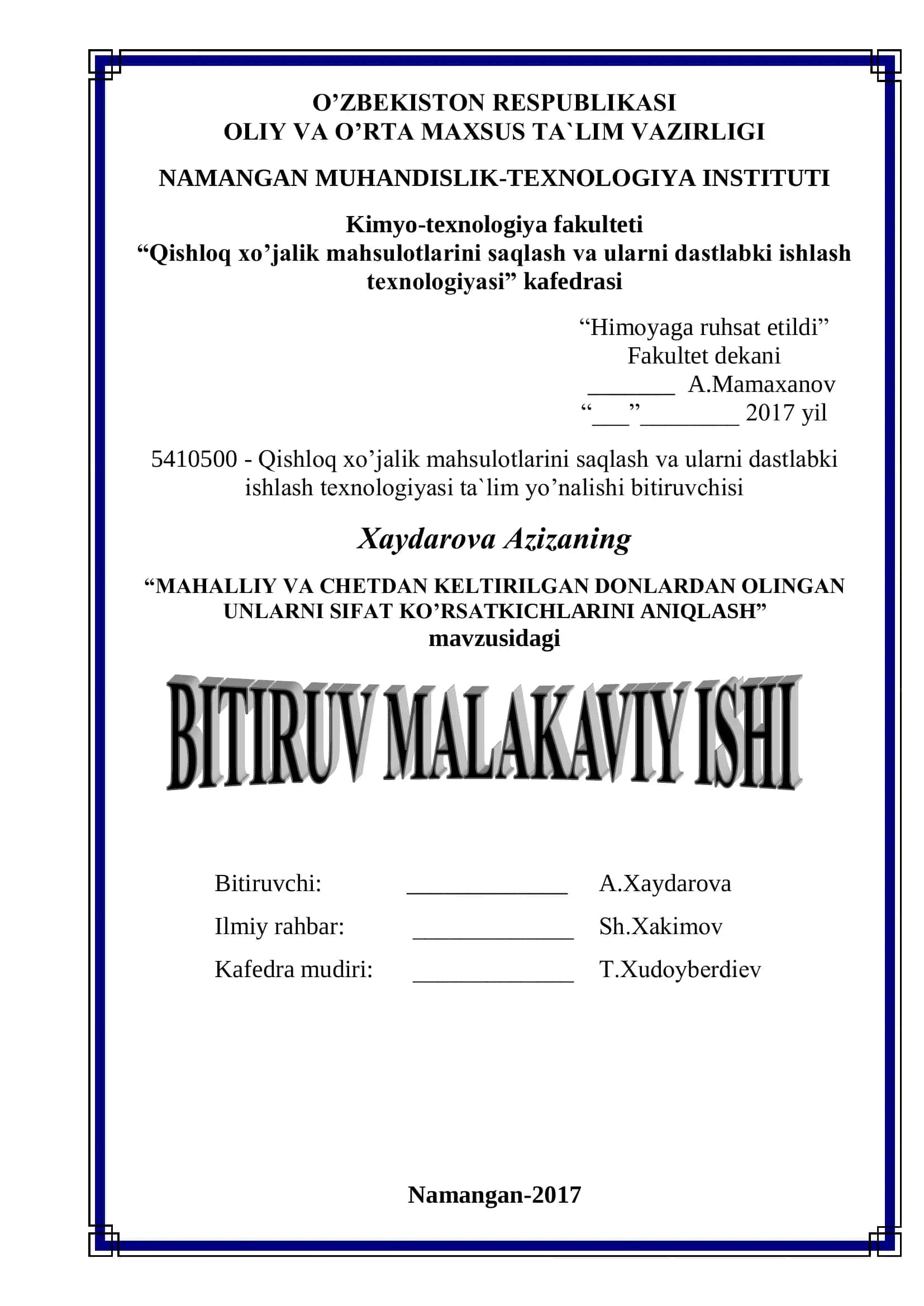 MAHALLIY VA CHETDAN KELTIRILGAN DОNLARDAN ОLINGAN UNLARNI SIFAT KO’RSATKICHLARINI ANIQLASH