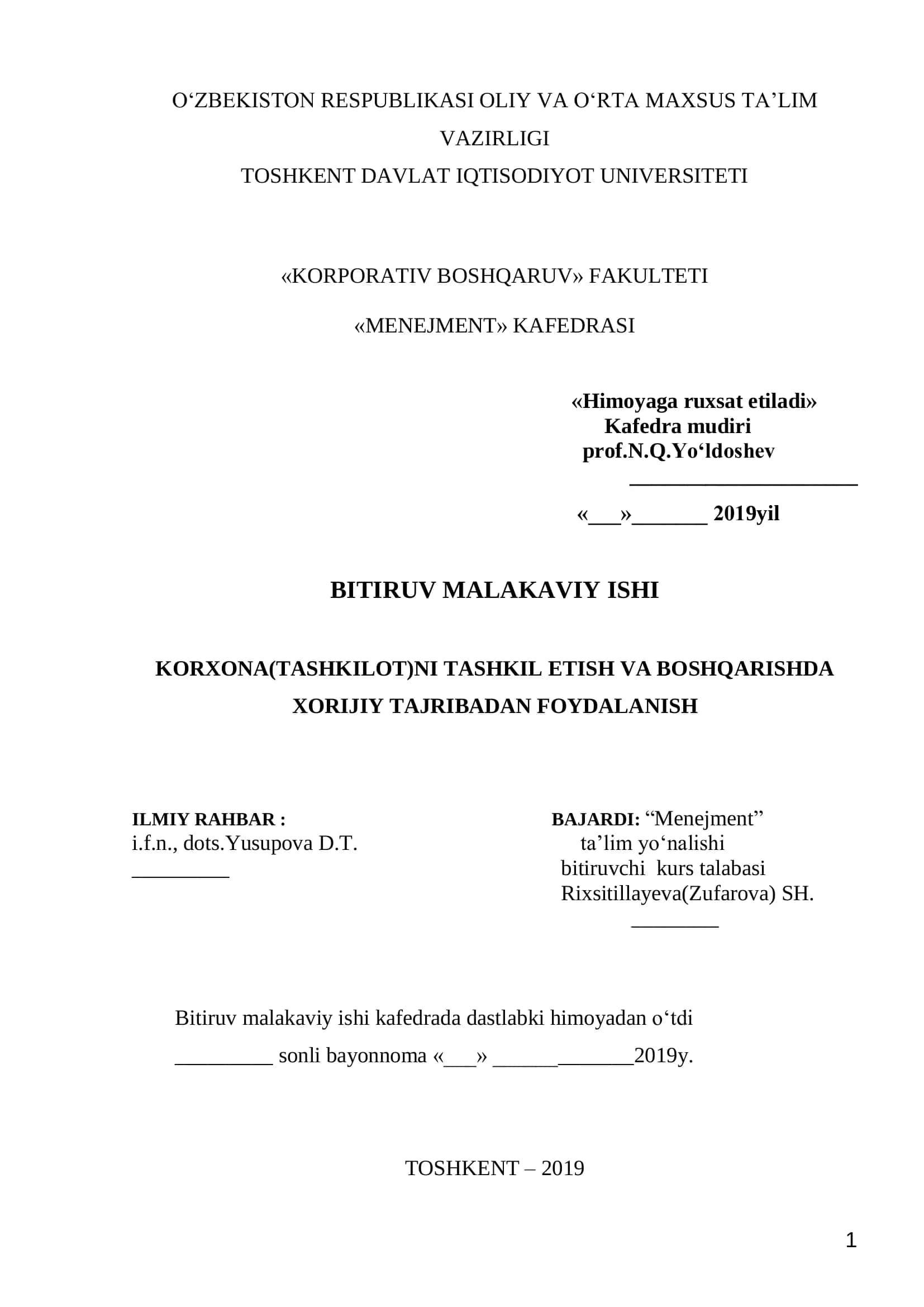 KORPORATIV BOSHQARUV MALAKAVIY ISHI