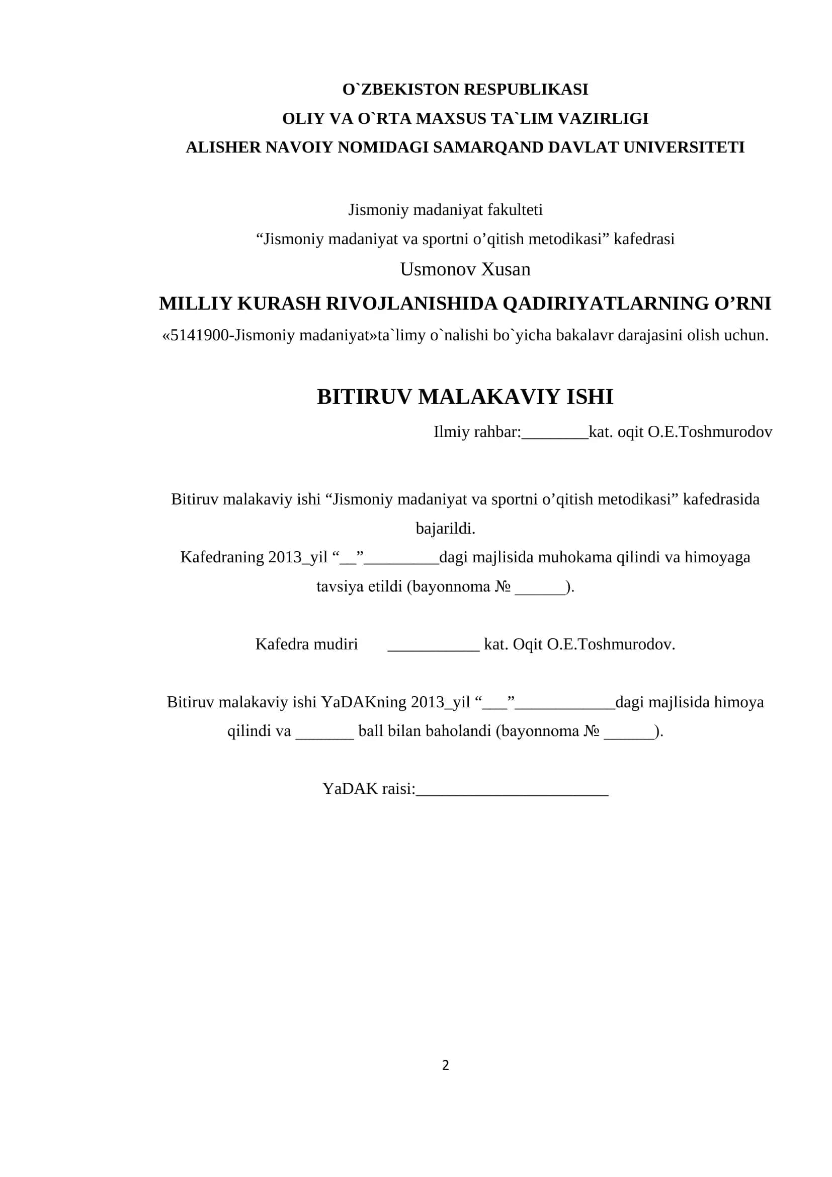 MILLIY KURASH RIVOJLANISHIDA QADIRIYATLARNING O’RNI