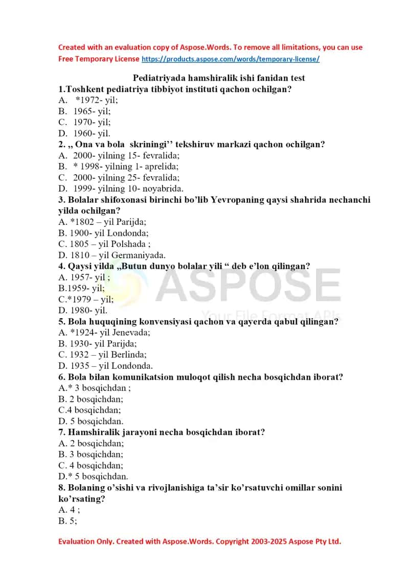 Pediatriyada hamshiralik ishi fanidan test