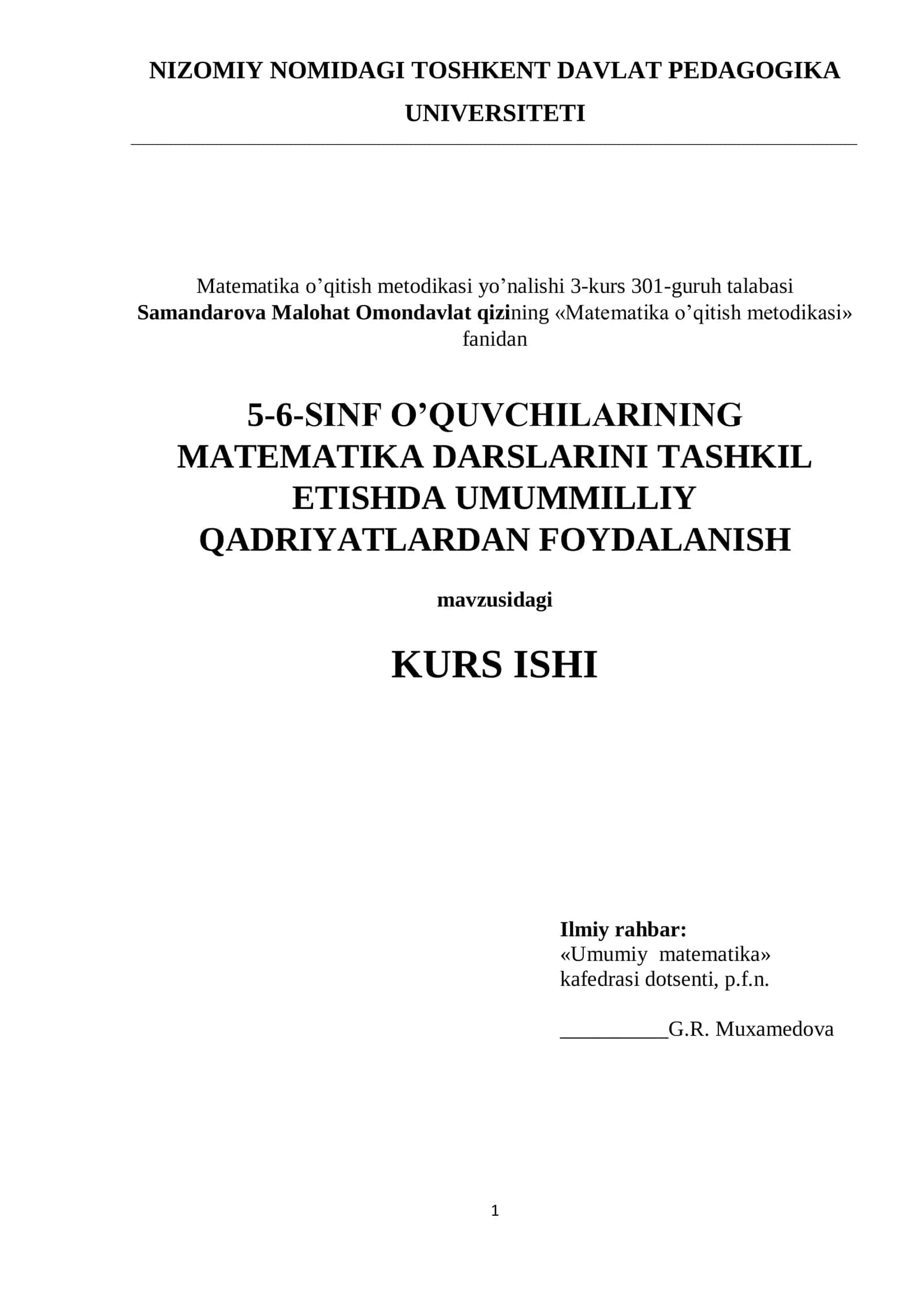 5-6-SINF O’QUVCHILARINING MATEMATIKA DARSLARINI TASHKIL ETISHDA UMUMMILLIY QADRIYATLARDAN FOYDALANISH