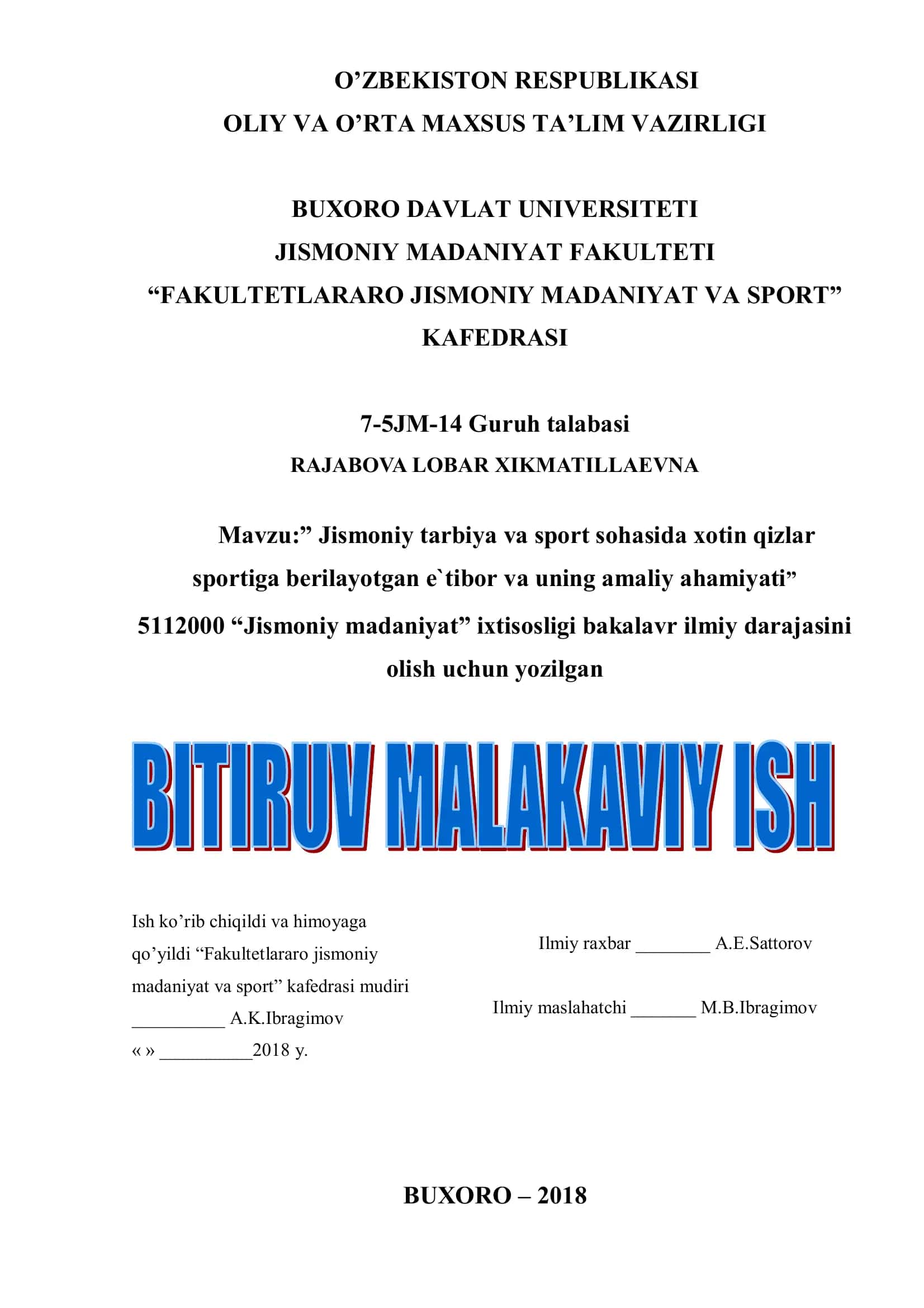 Mavzu:” Jismoniy tarbiya va sport sohasida xotin qizlar sportiga berilayotgan e`tibor va uning amaliy ahamiyati”