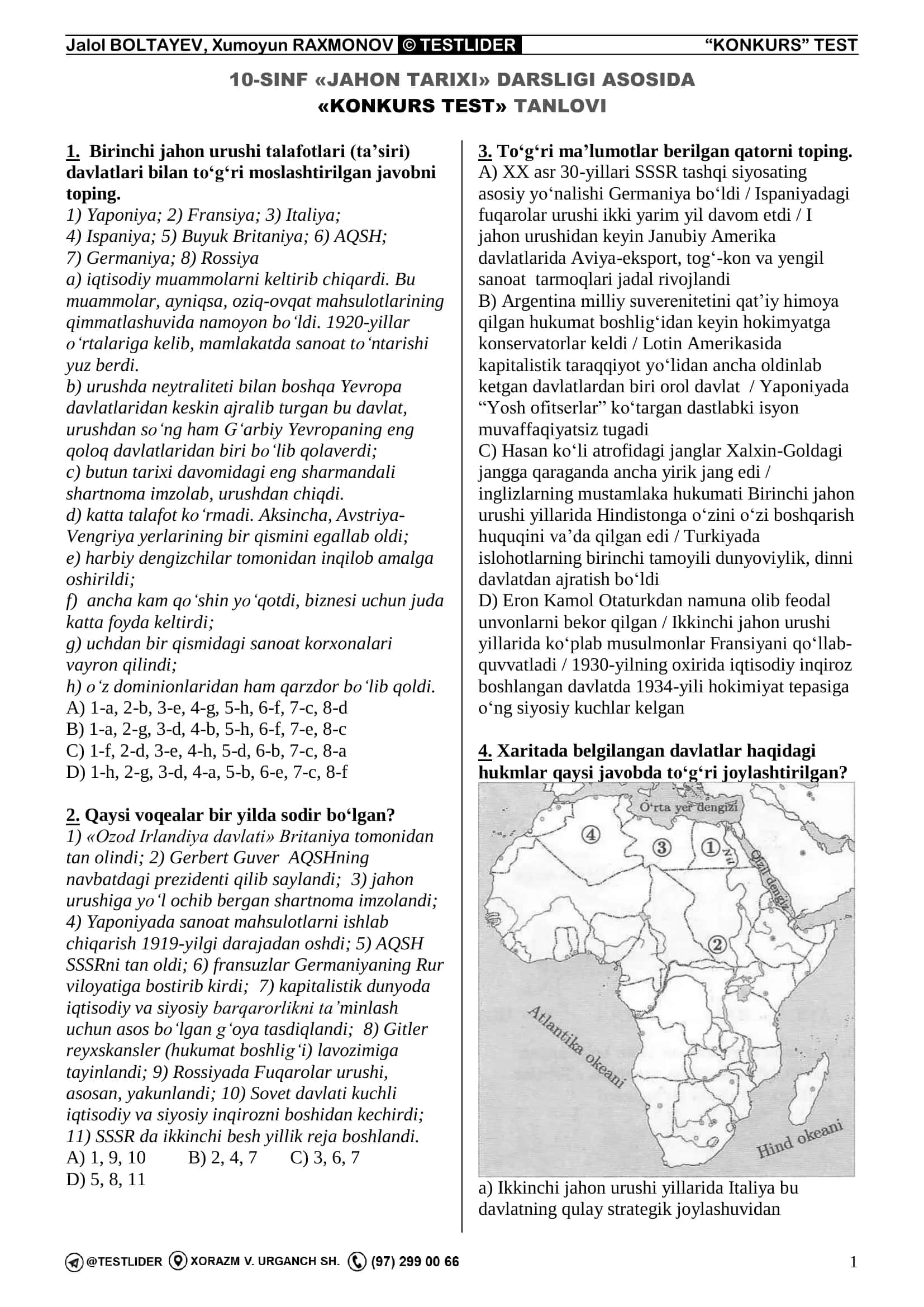JAHON TARIXI TEST