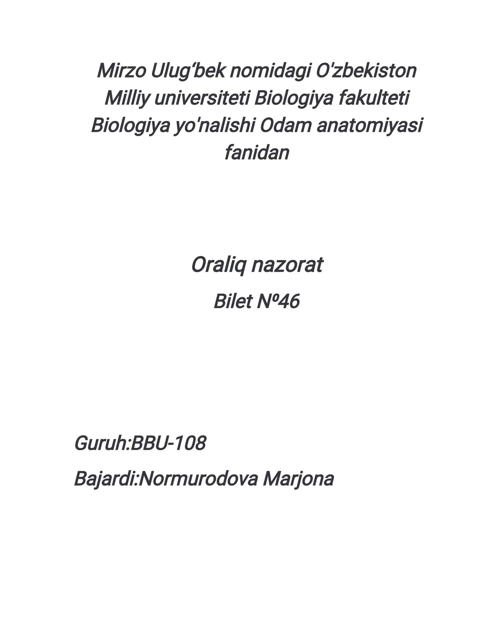 Odamanatomiyasi fanidan Oraliq nazorat