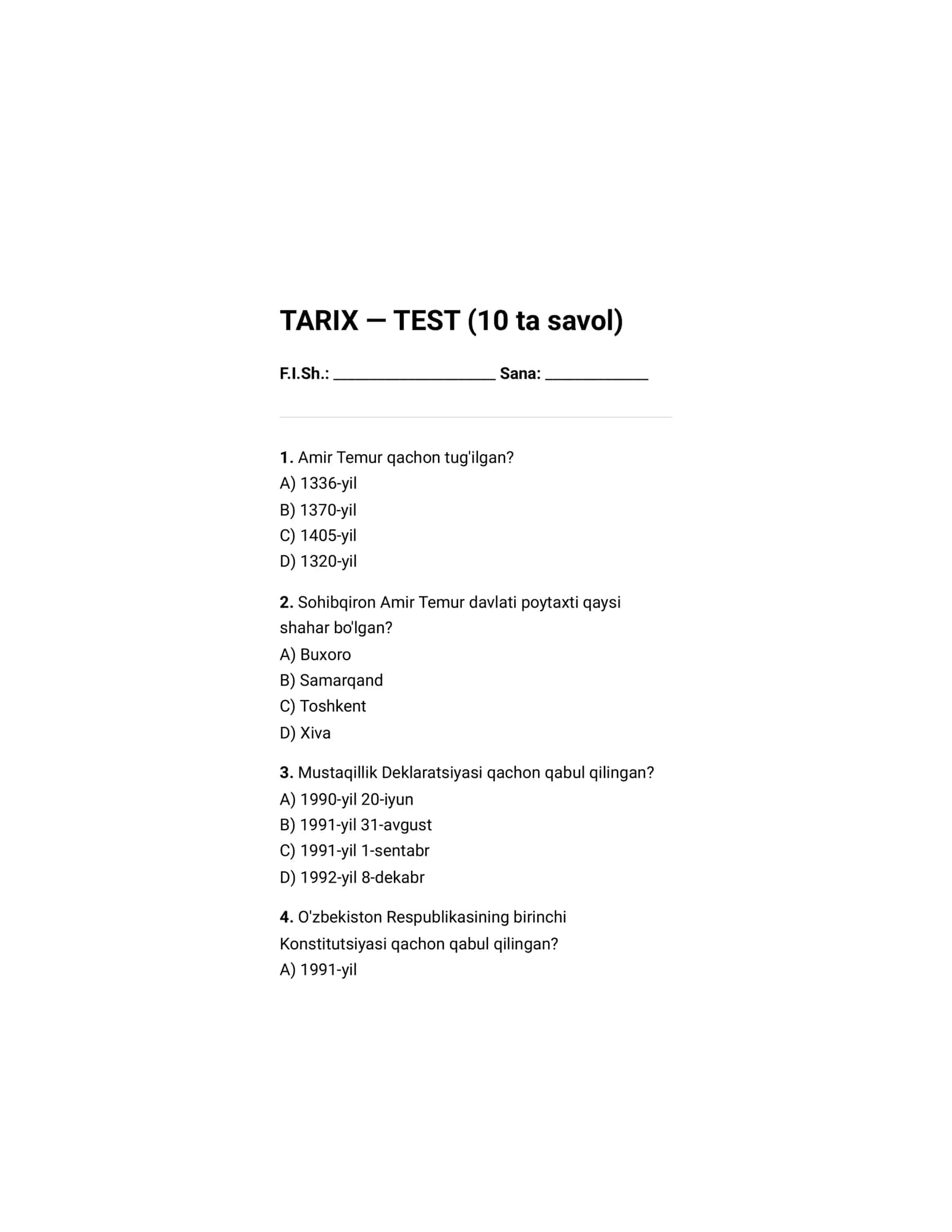 TARIX — TEST (10 ta savol)
