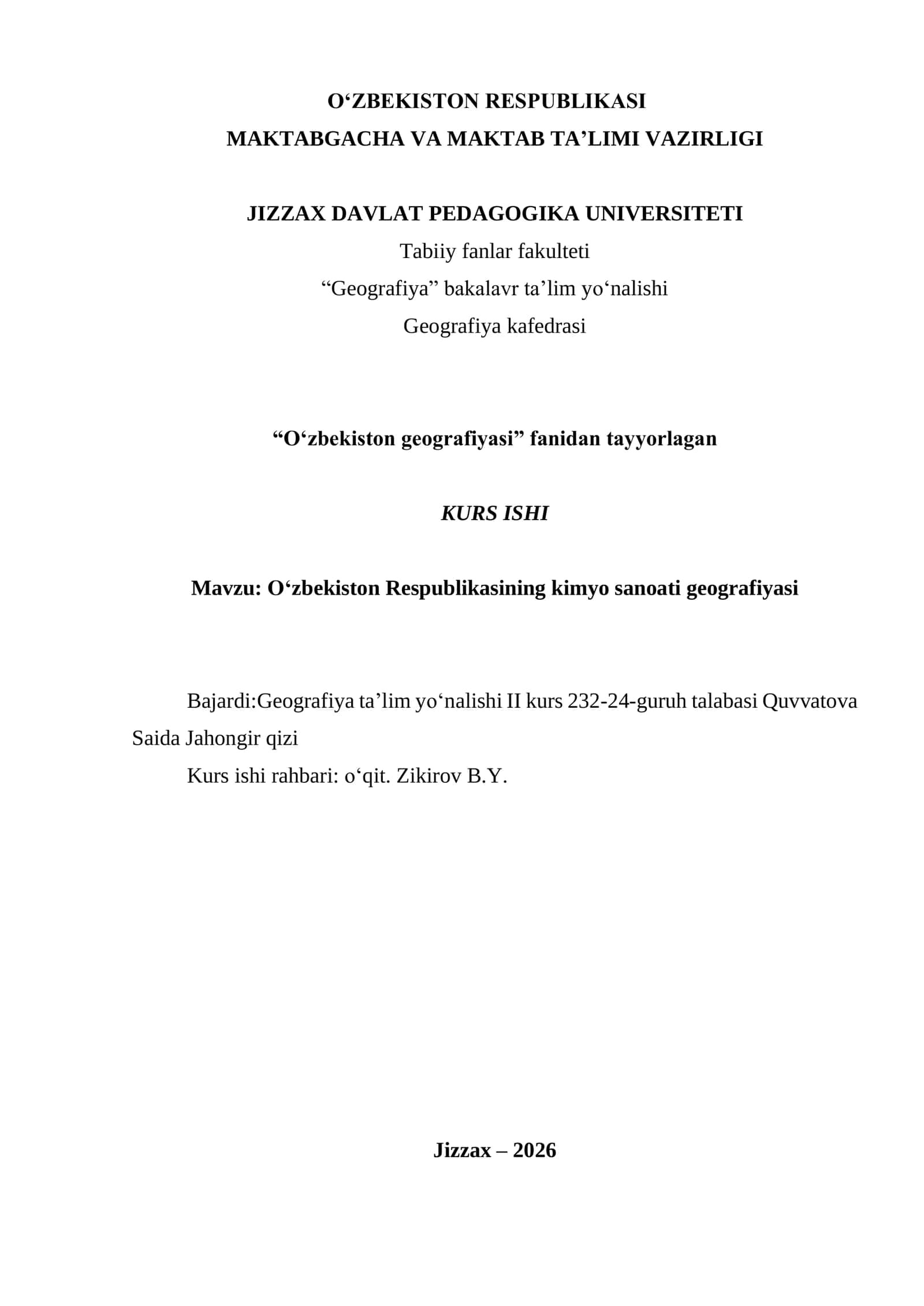 O‘zbekiston Respublikasining kimyo sanoati geografiyasi