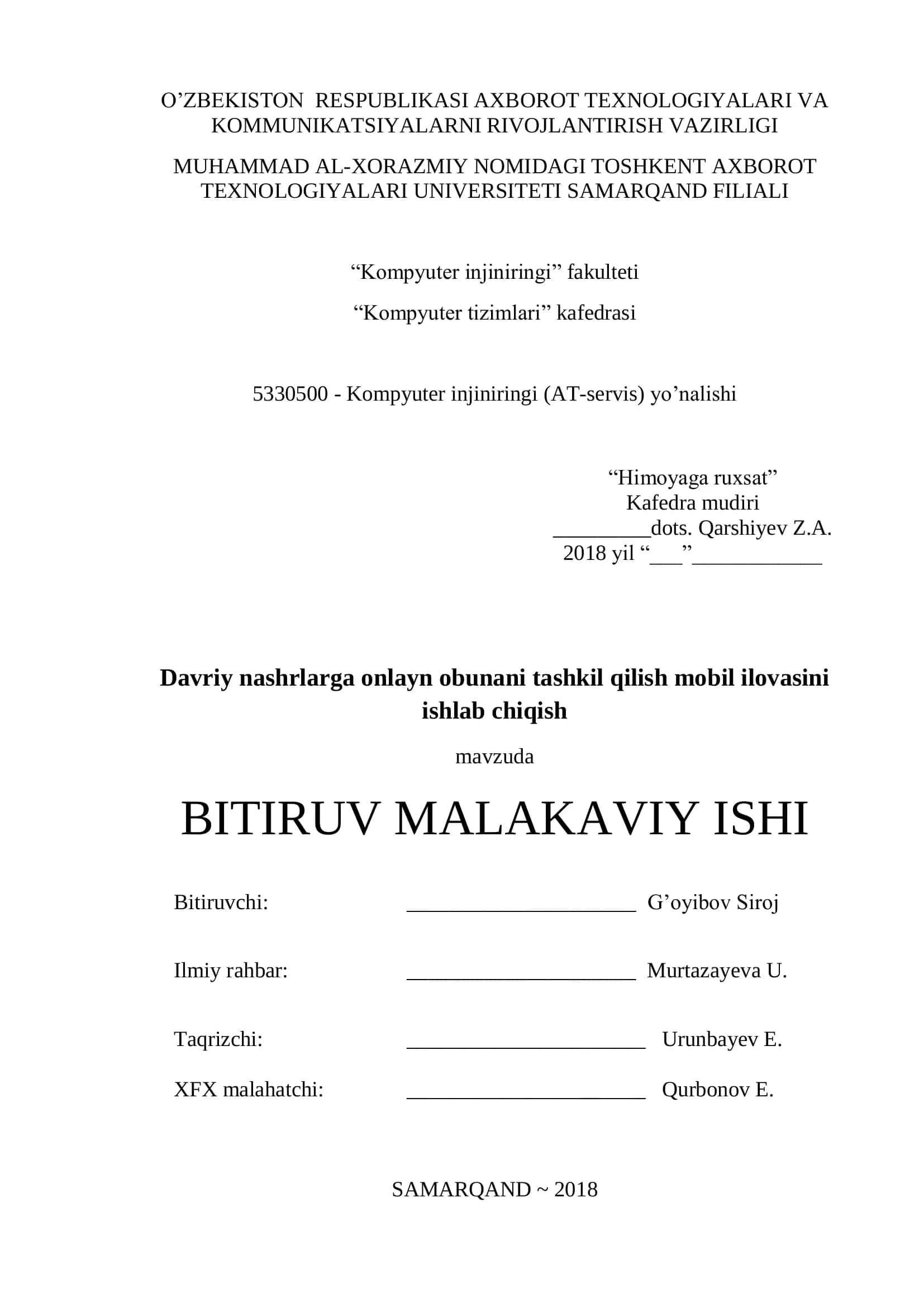 Davriy nashrlarga onlayn obunani tashkil qilish mobil ilovasini ishlab chiqish mavzuda