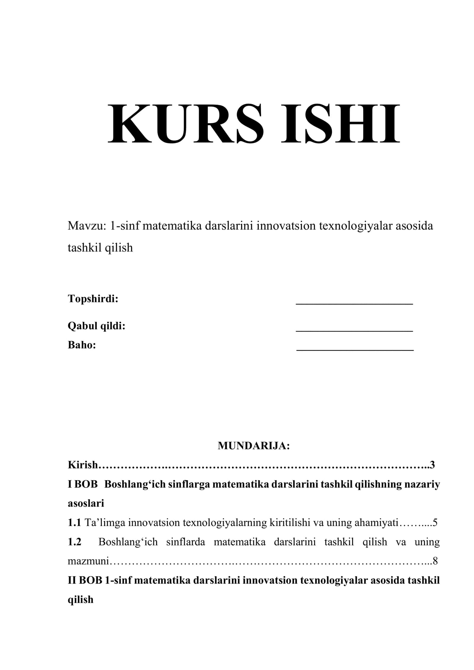 1-sinf matematika darslarini innovatsion texnologiyalar asosida tashkil qilish