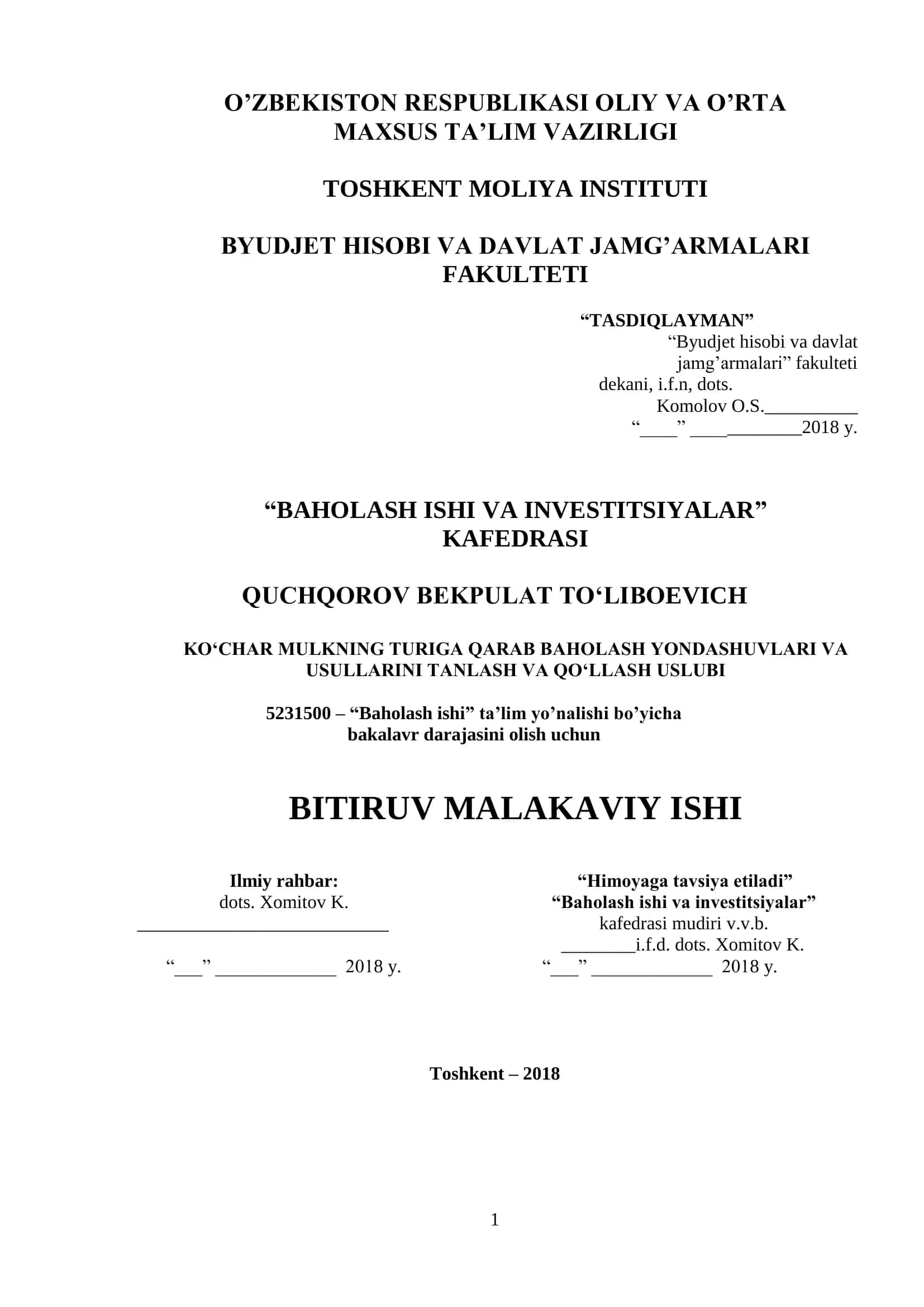 "BAHOLASH ISHI VA INVESTITSIYALAR"