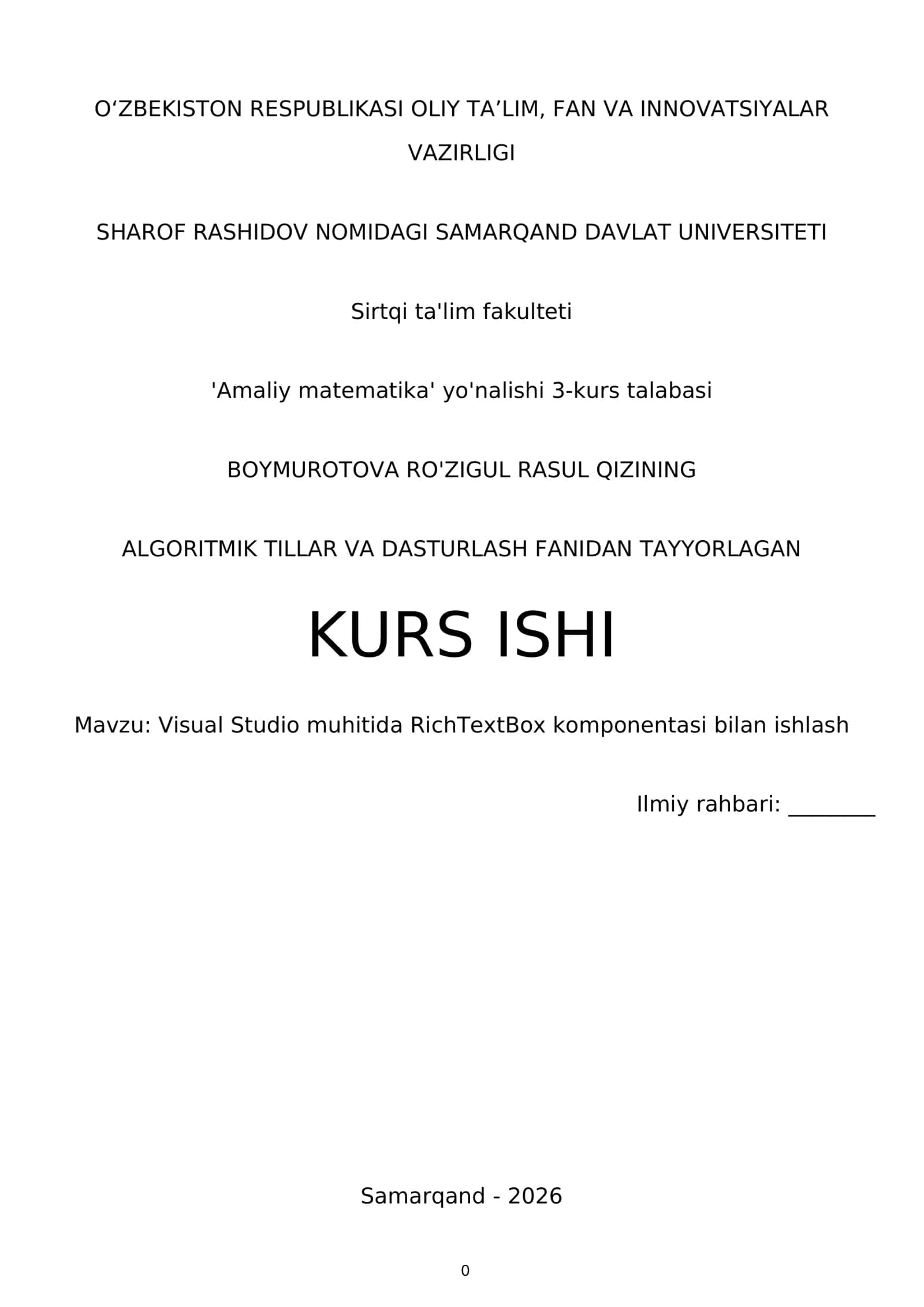 Algoritmik tillar va dasturlash fanidan tayyorlagan kurs ishi