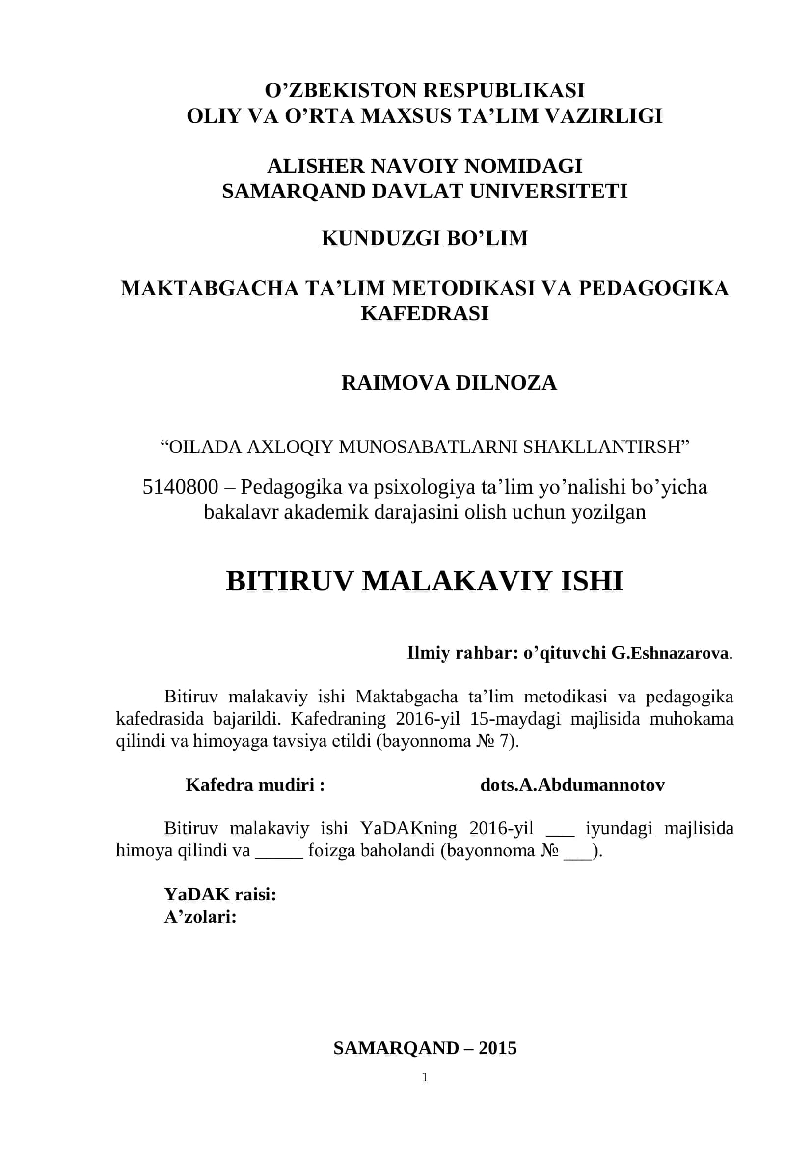 Oilada Axloqiy Munosabatlarni Shakllantirishning Nazariy Asoslari