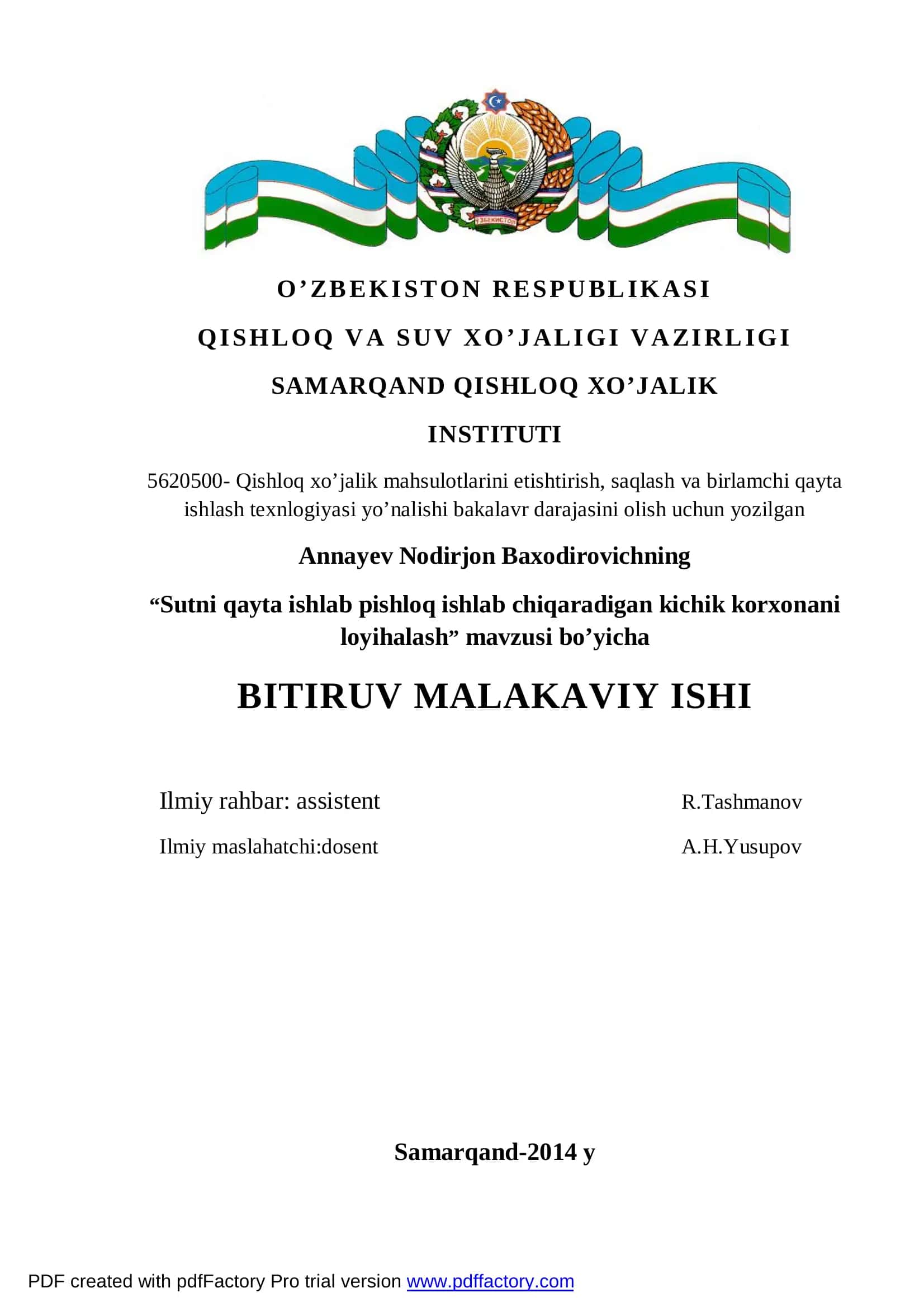 Sutni qayta ishlab pishloq ishlab chiqaradigan kichik korxonani loyihalash