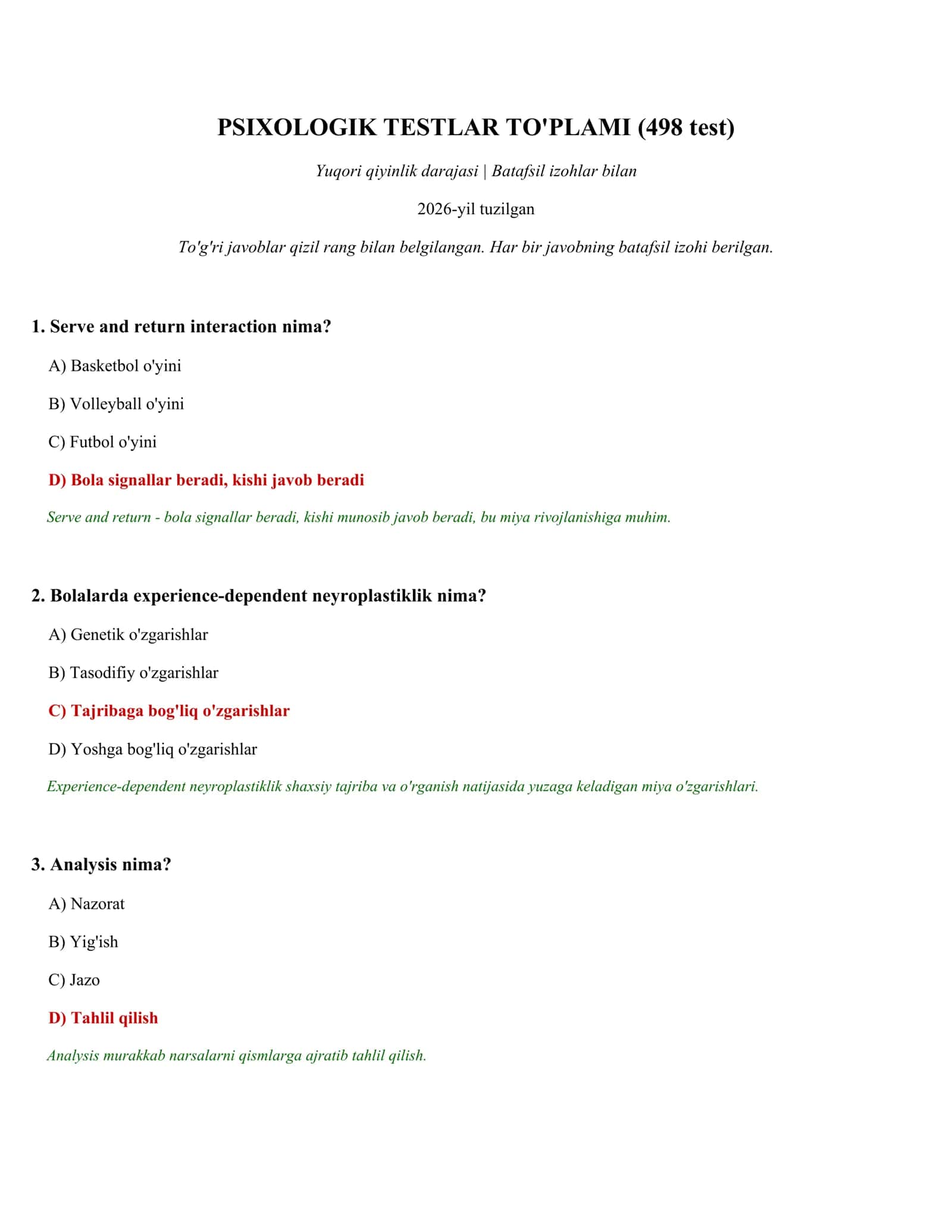 PSIXOLOGIK TESTLAR TO'PLAMI (498 test)
