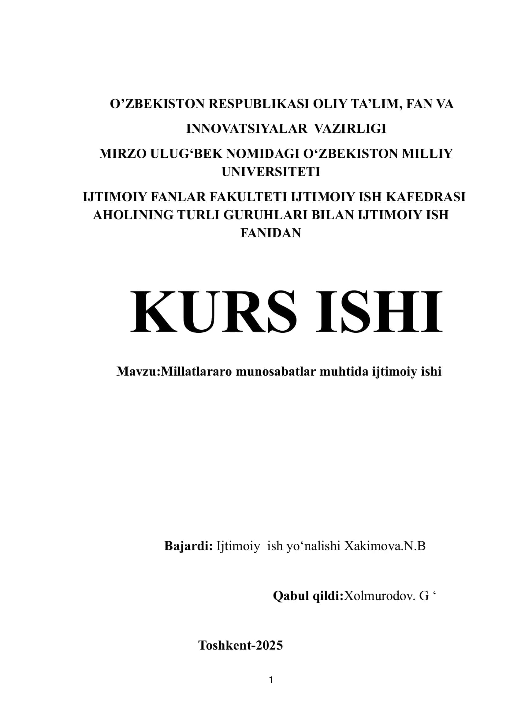 Millatlararo munosabatlar muhtida ijtimoiy ish