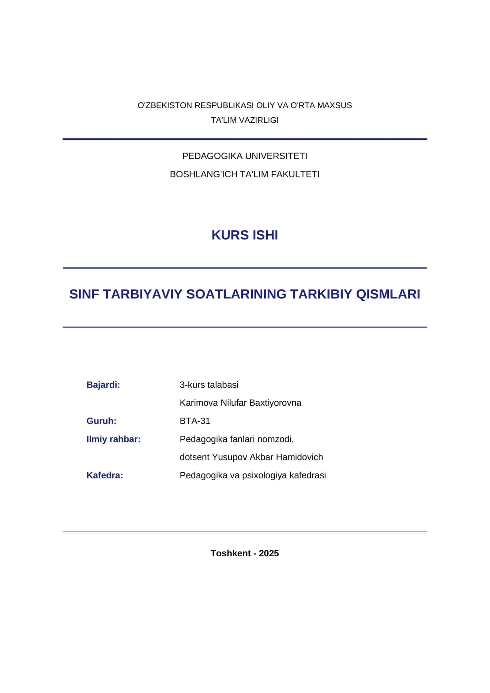 SINF TARBIYAVIY SOATLARINING TARKIBIY QISMLARI