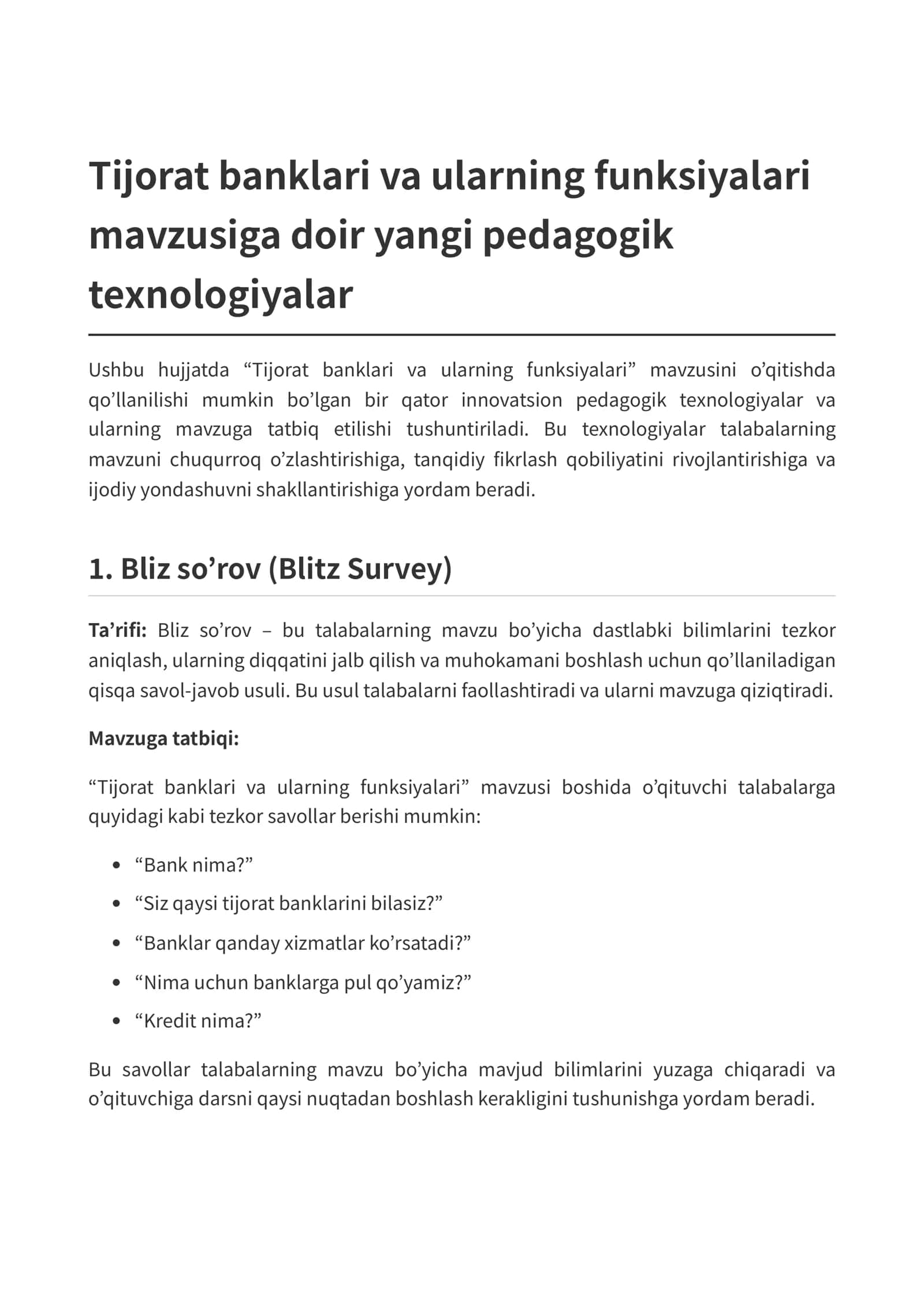 Tijorat banklari va ularning funksiyalari mavzusiga doir yangi pedagogik texnologiyalar