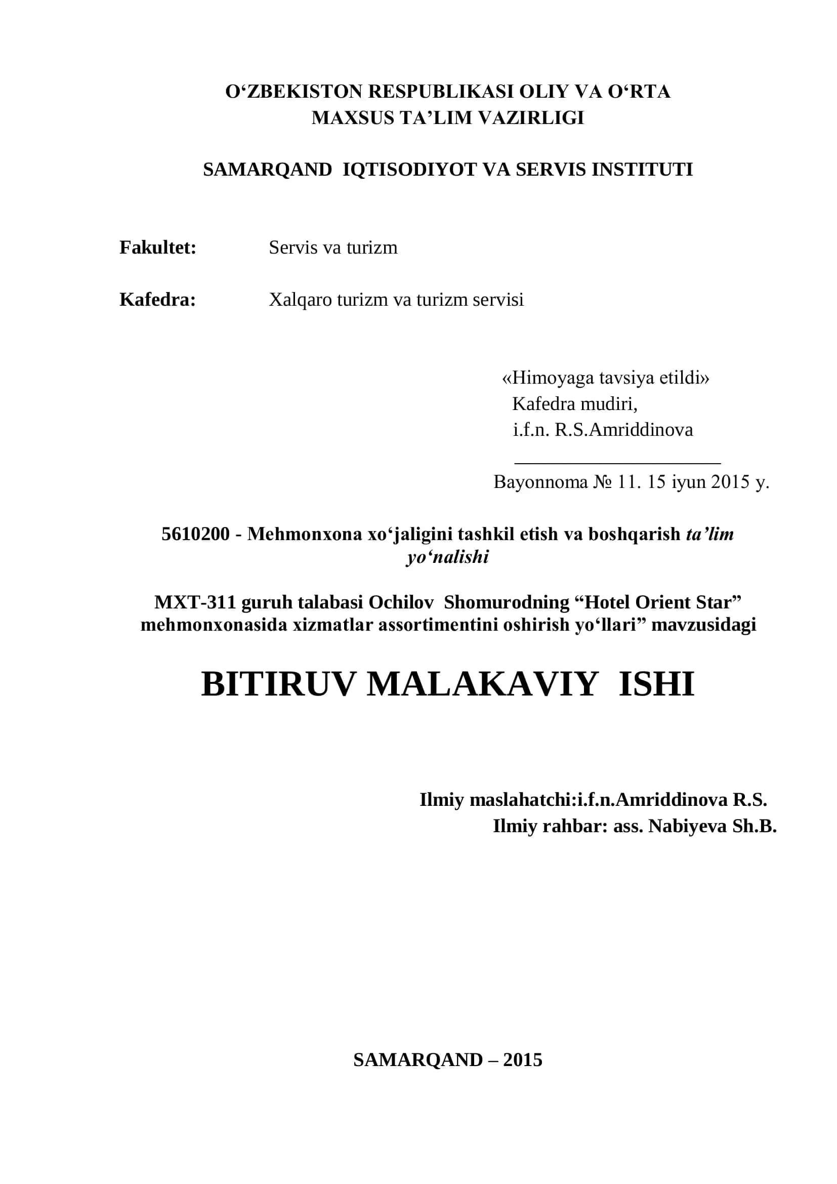 Hotel Orient Star mehmonxonasida xizmatlar assortimentini oshirish yo‘llari