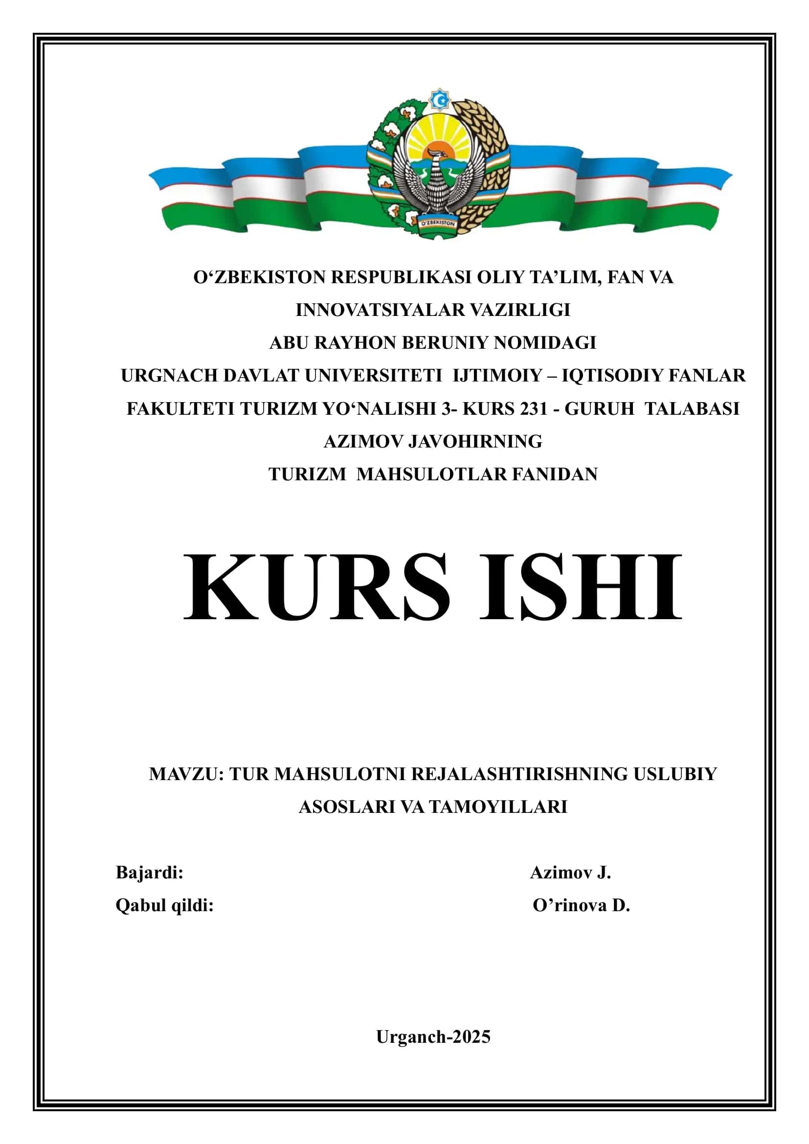TUR MAHSULOTNI REJALASHTIRISHNING USLUBIY ASOSLARI VA TAMOYILLARI