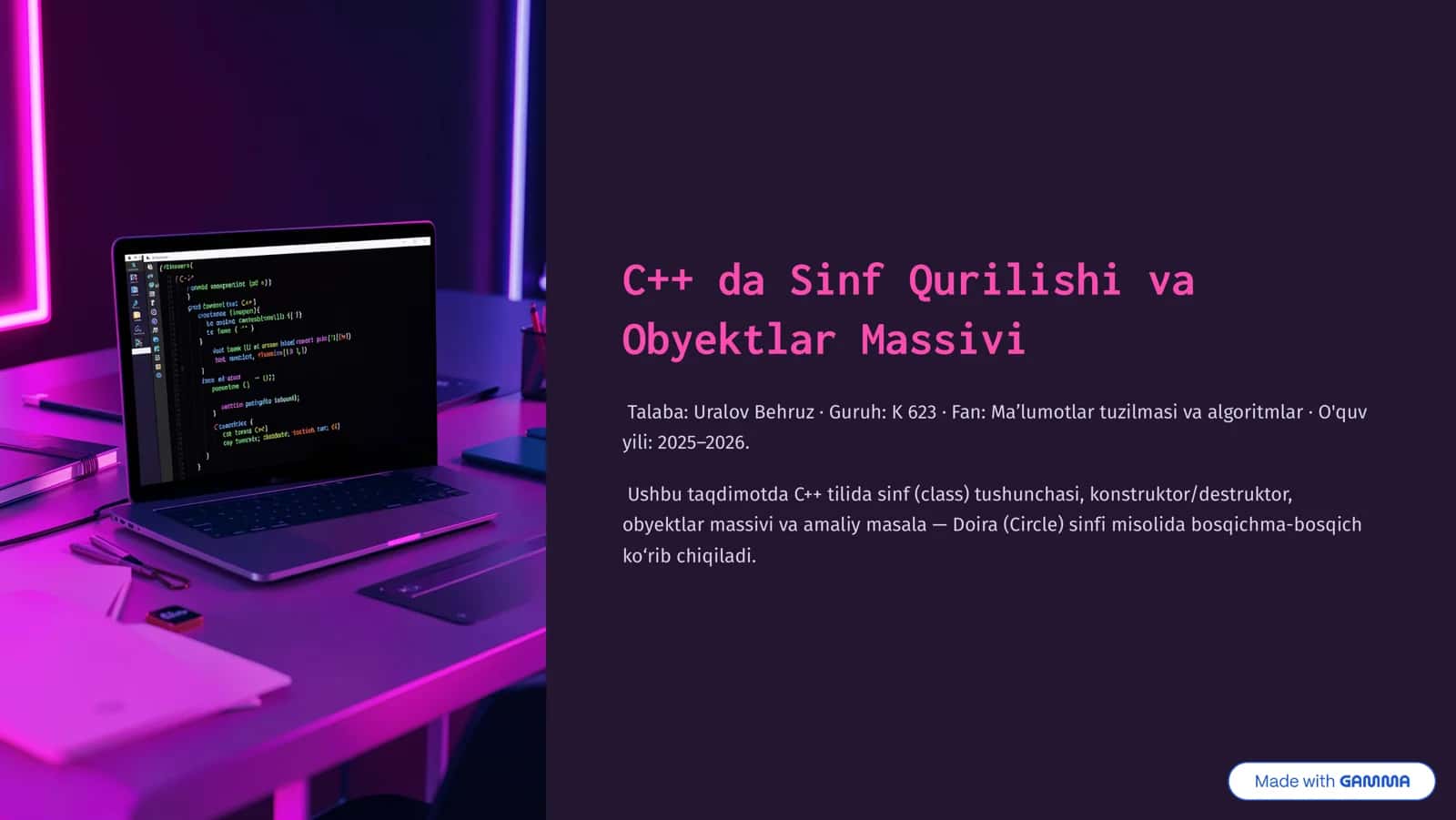 C++ da Sinf Qurilishi va Obyektlar Massivi