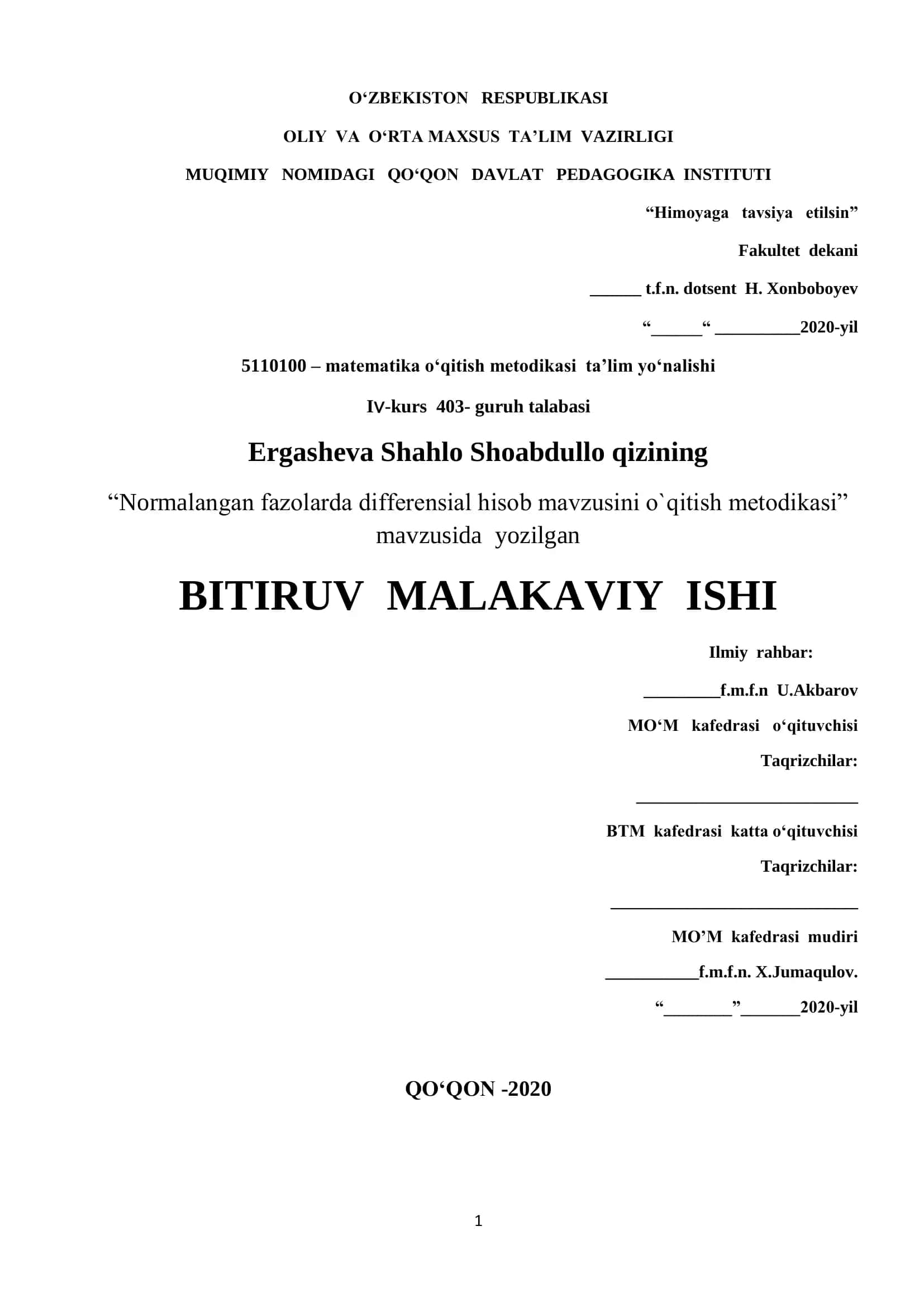 Normalangan fazolarda differensial hisob mavzusini o`qitish metodikasi