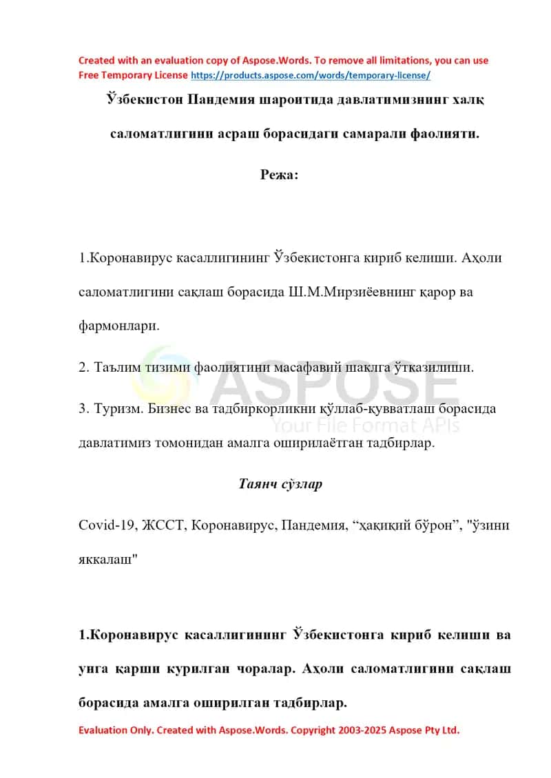 Ўзбекистонда пандемия шароитида давлат фаолияти тақдимоти