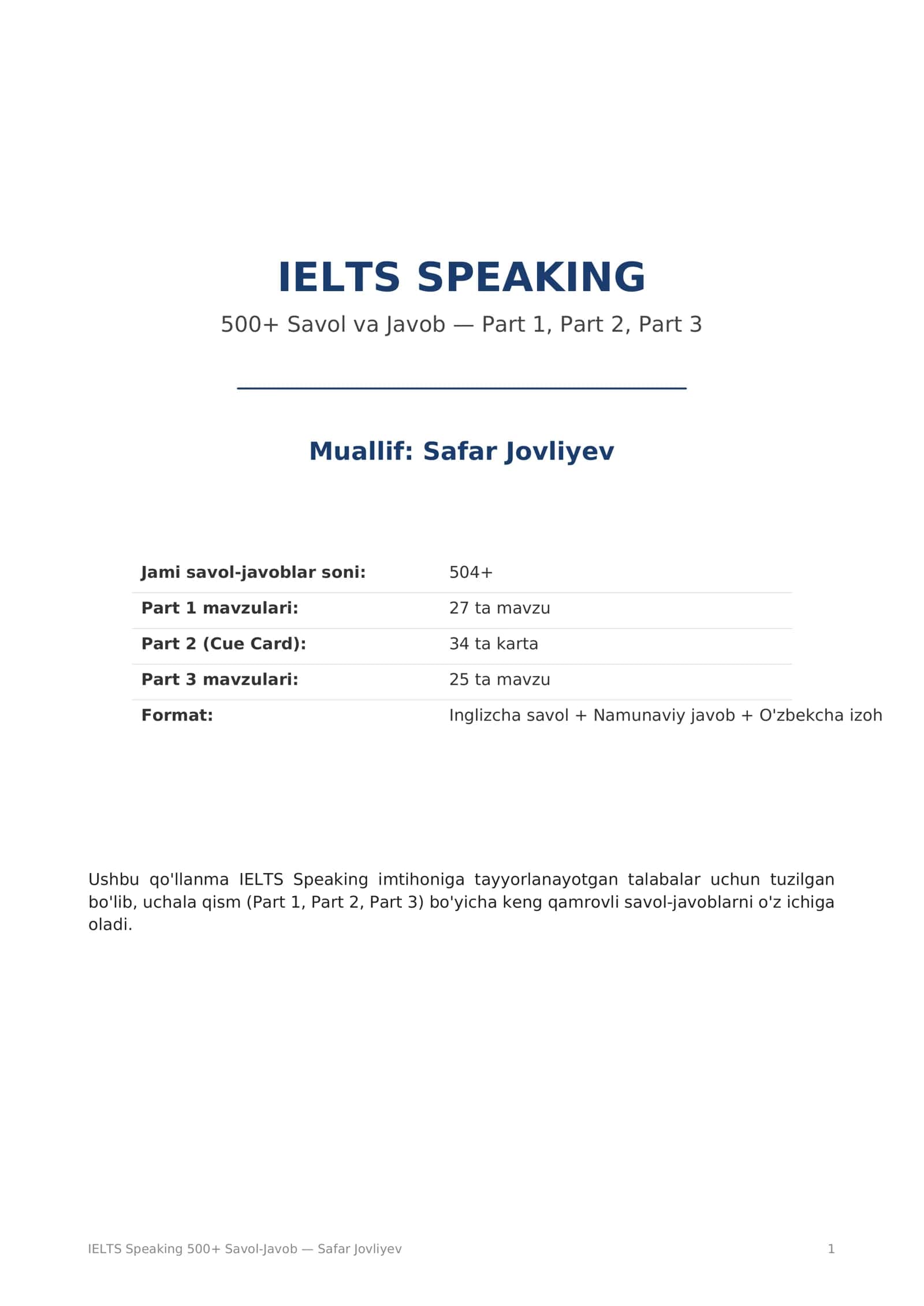 IELTS Speaking 500+ Savol-Javob
