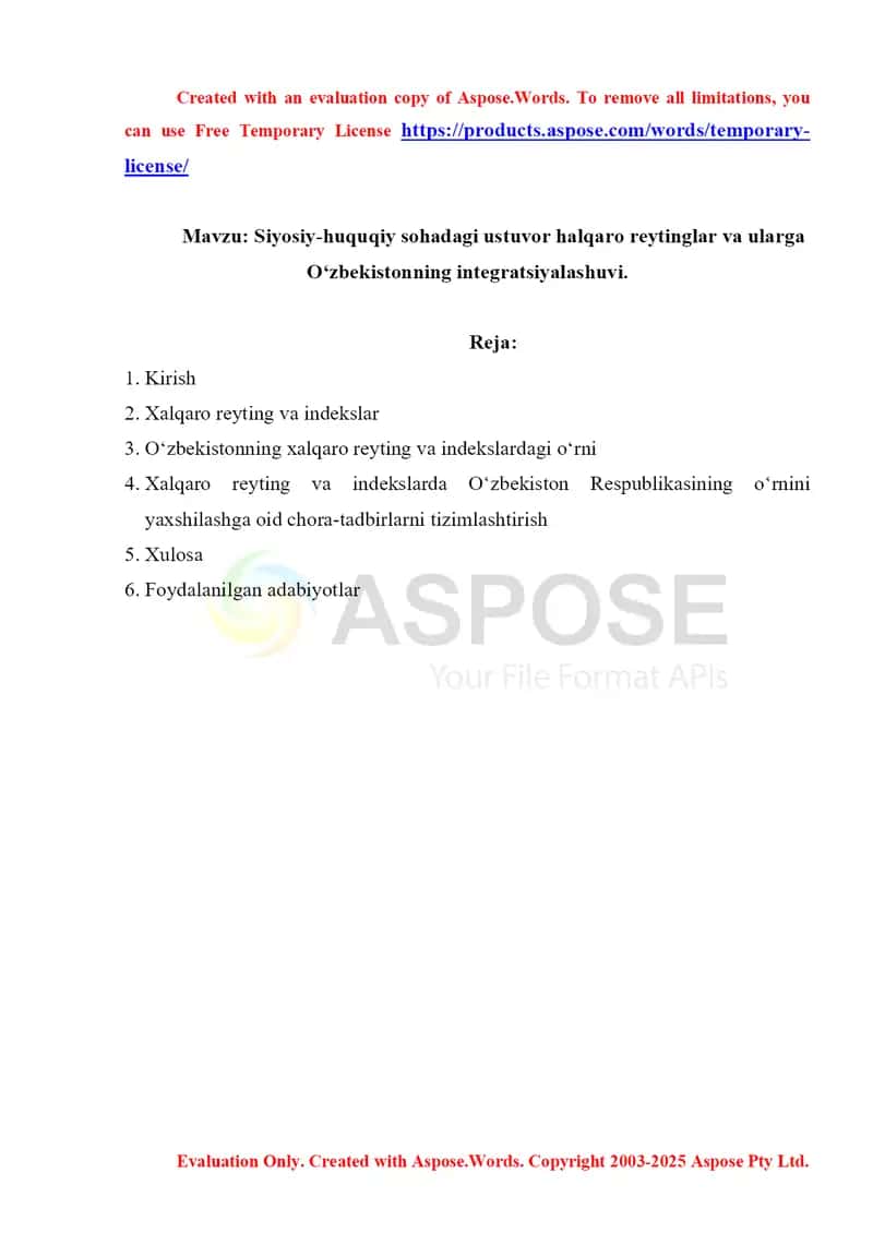 Siyosiy-huquqiy sohadagi ustuvor halqaro reytinglar va ularga O‘zbekistonning integratsiyalashuvi.