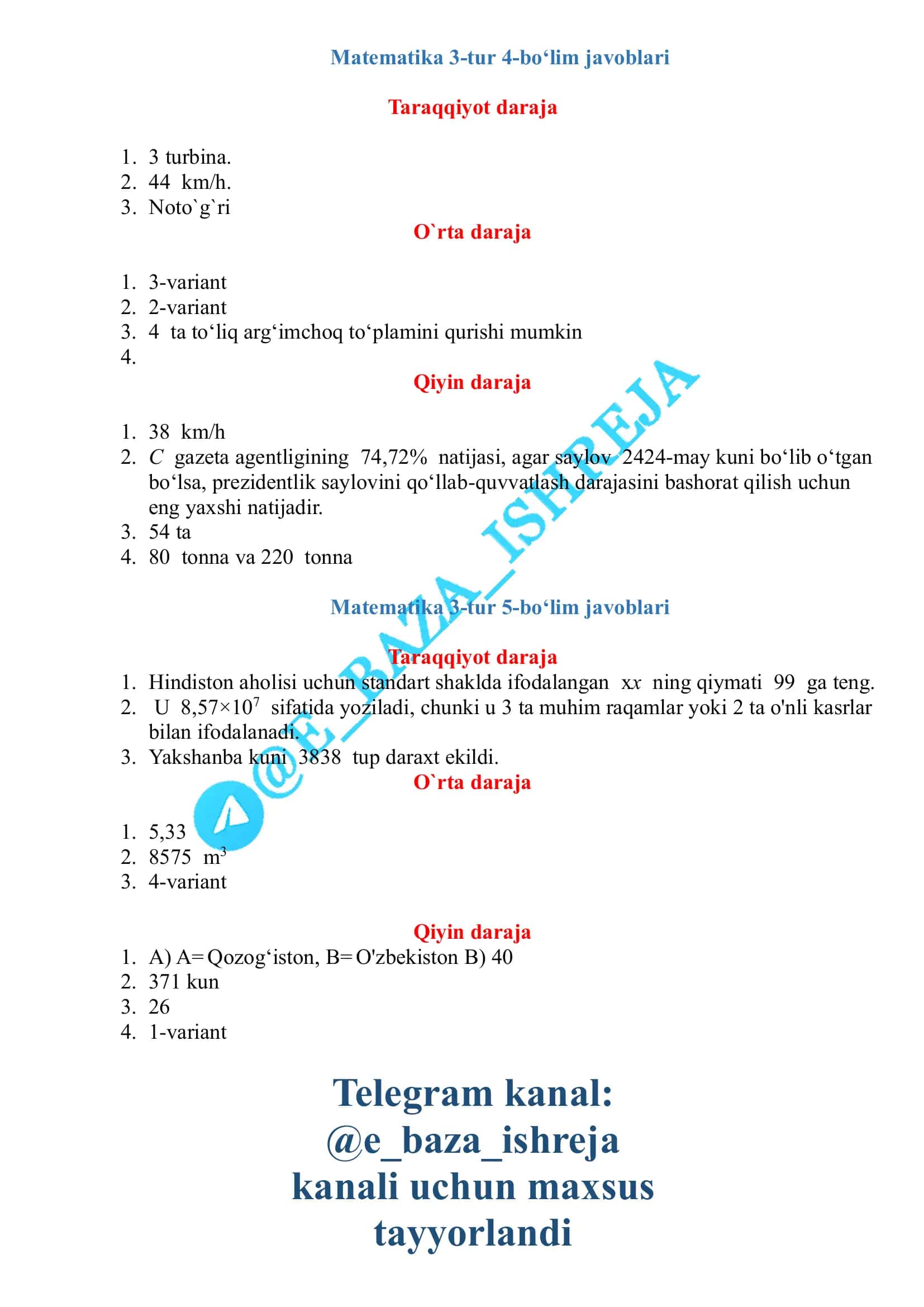 Matematika 3-tur 4-bo‘lim javoblari