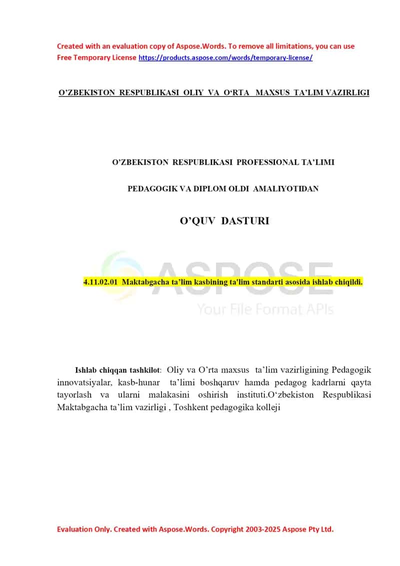 Pedagogik va diplom oldi amaliyot o‘quv dasturi