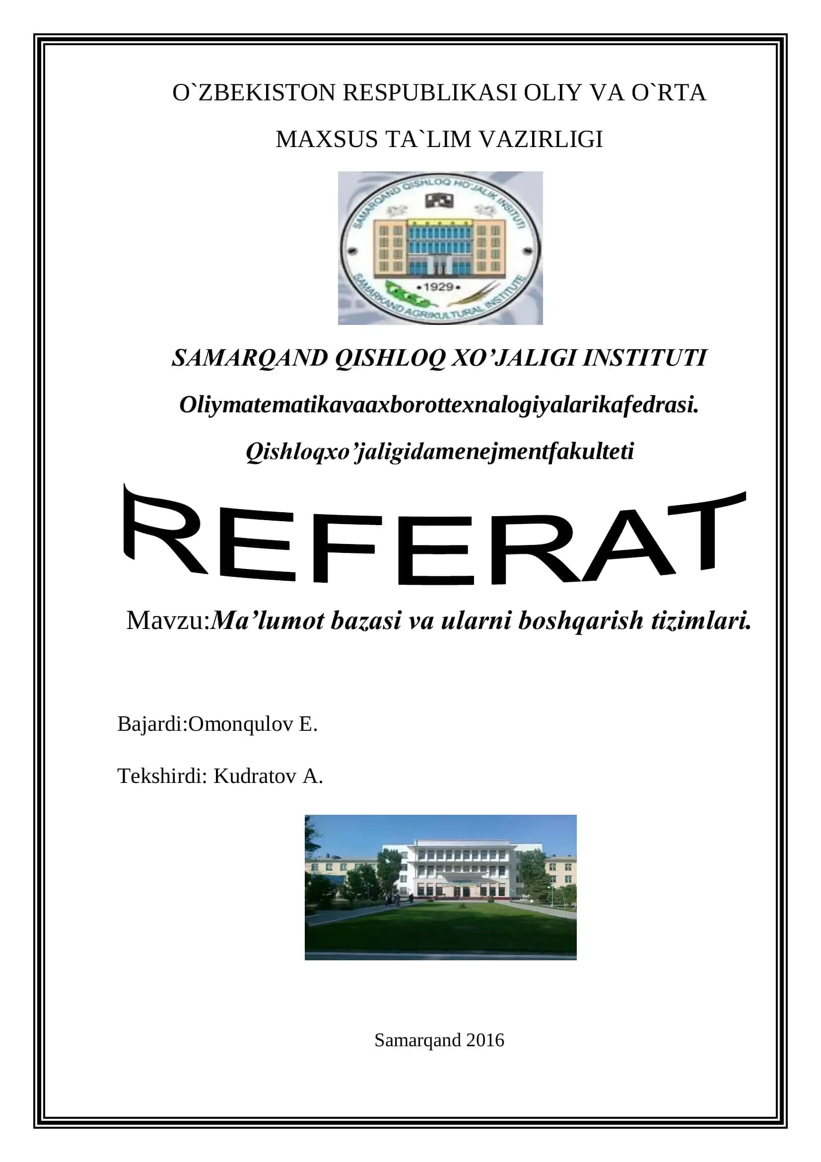 MA'LUMOTLAR OMBORI VA UNI BOShQARISh TIZIMI